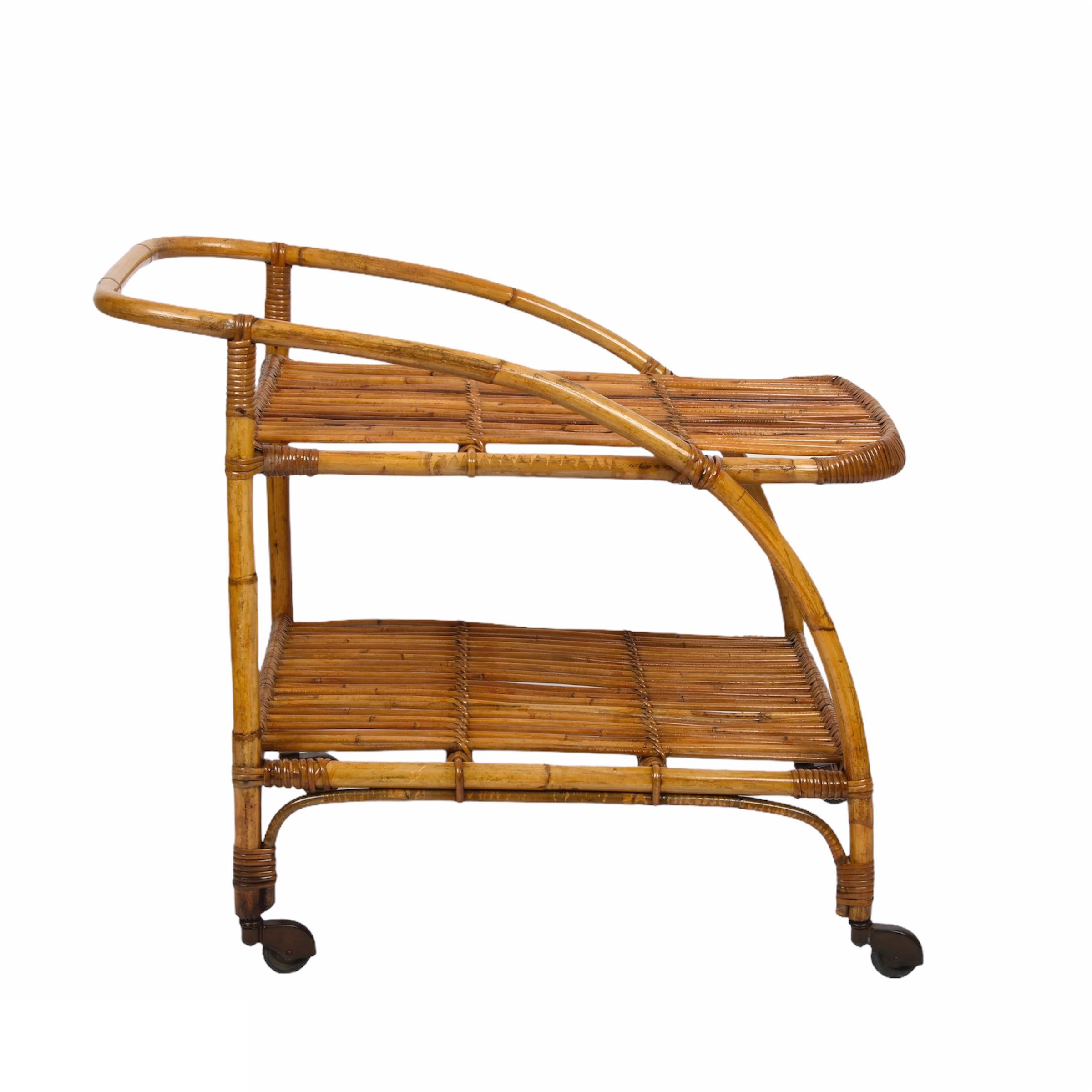 Midcentury Bamboo and Rattan Italian Serving Bar Cart Trolley with Wheels, 1950s 5