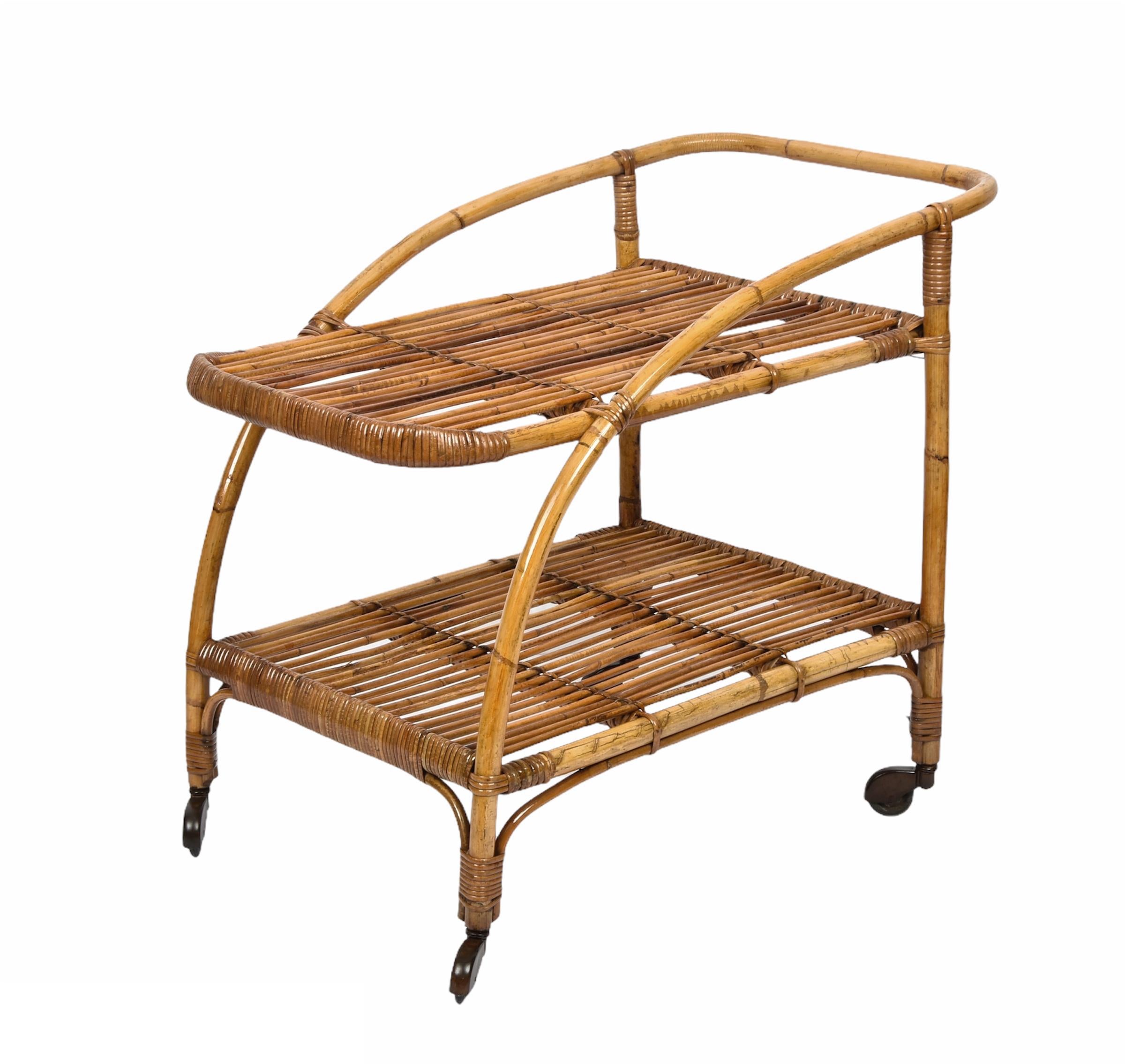 Midcentury Bamboo and Rattan Italian Serving Bar Cart Trolley with Wheels, 1950s 6