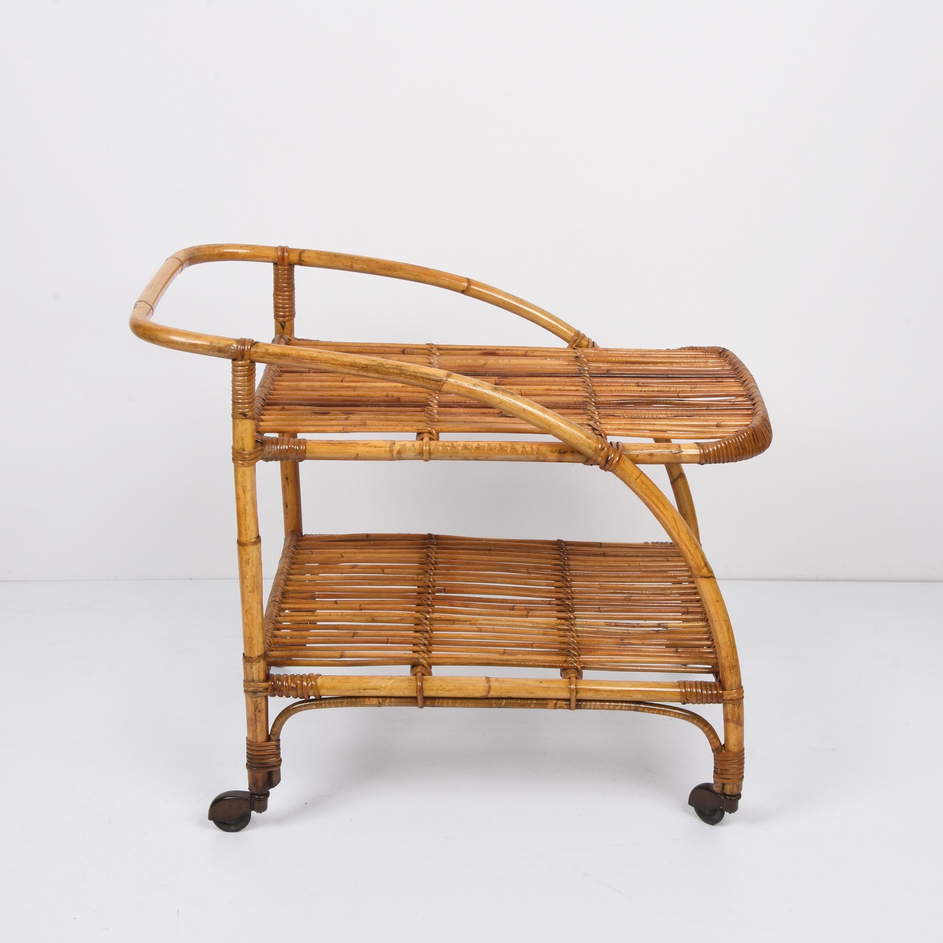 Mid-Century Modern Midcentury Bamboo and Rattan Italian Serving Bar Cart Trolley with Wheels, 1950s