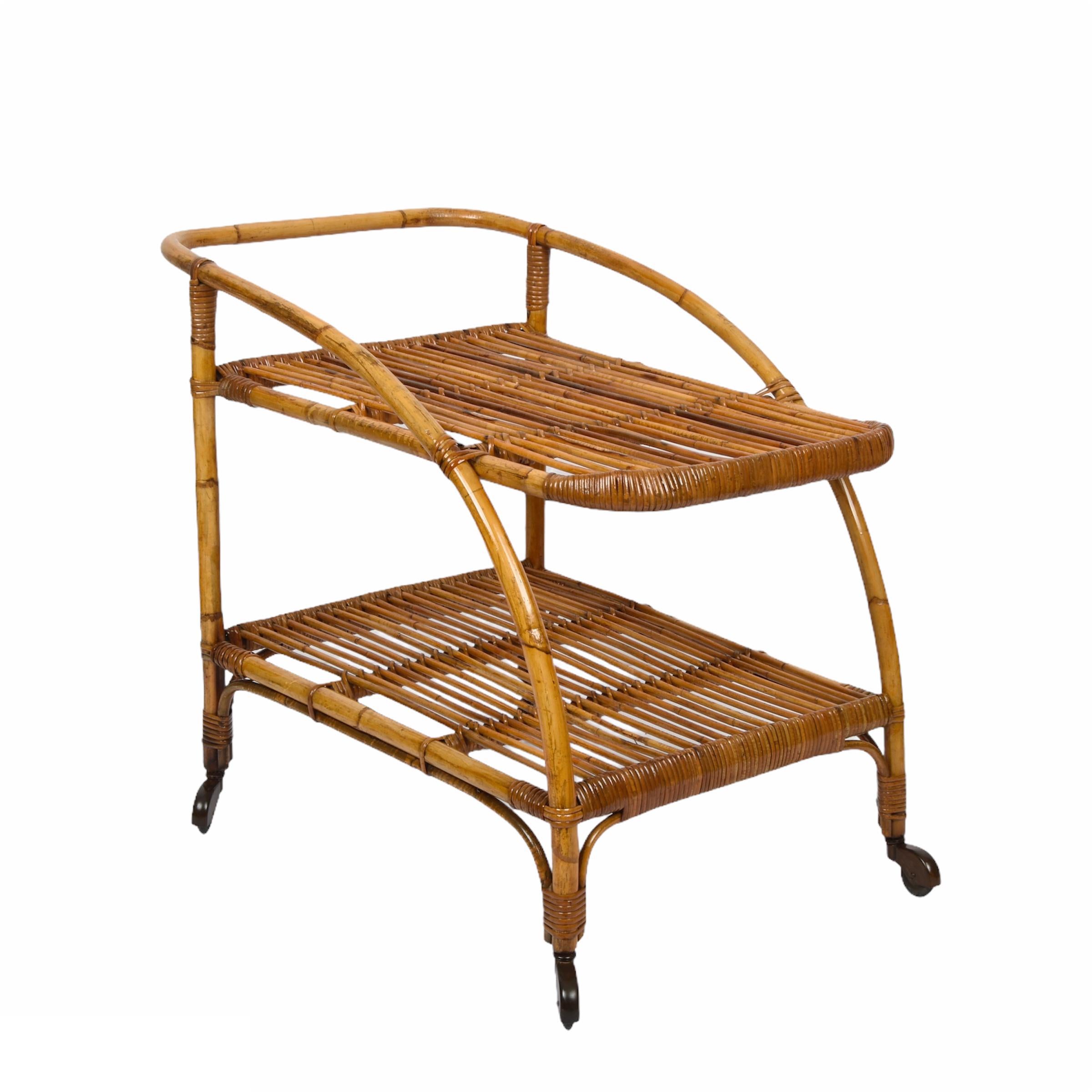 Mid-20th Century Midcentury Bamboo and Rattan Italian Serving Bar Cart Trolley with Wheels, 1950s