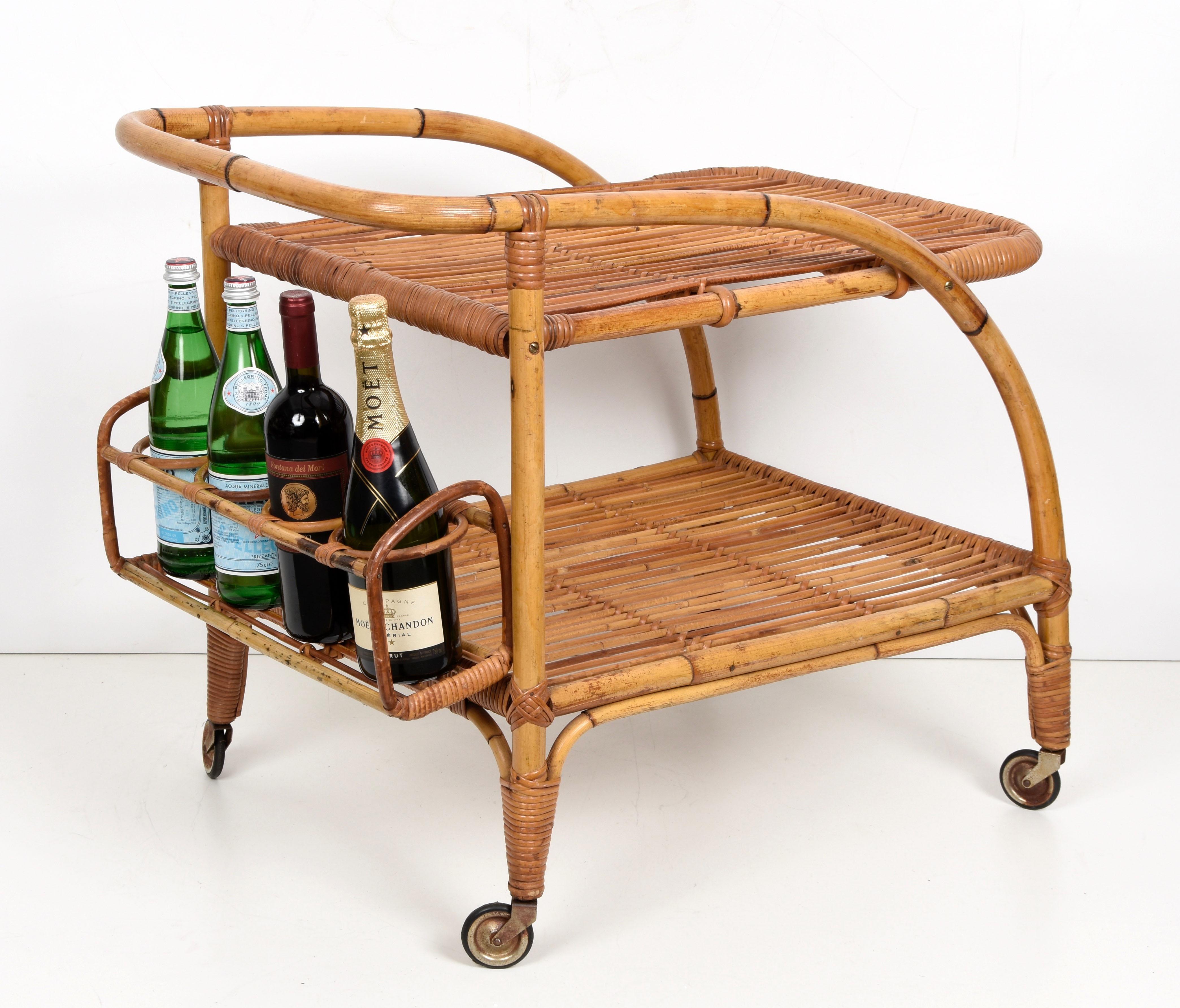 Midcentury Bamboo and Rattan Italian Serving Bar Cart Trolley with Wheels, 1950s 1