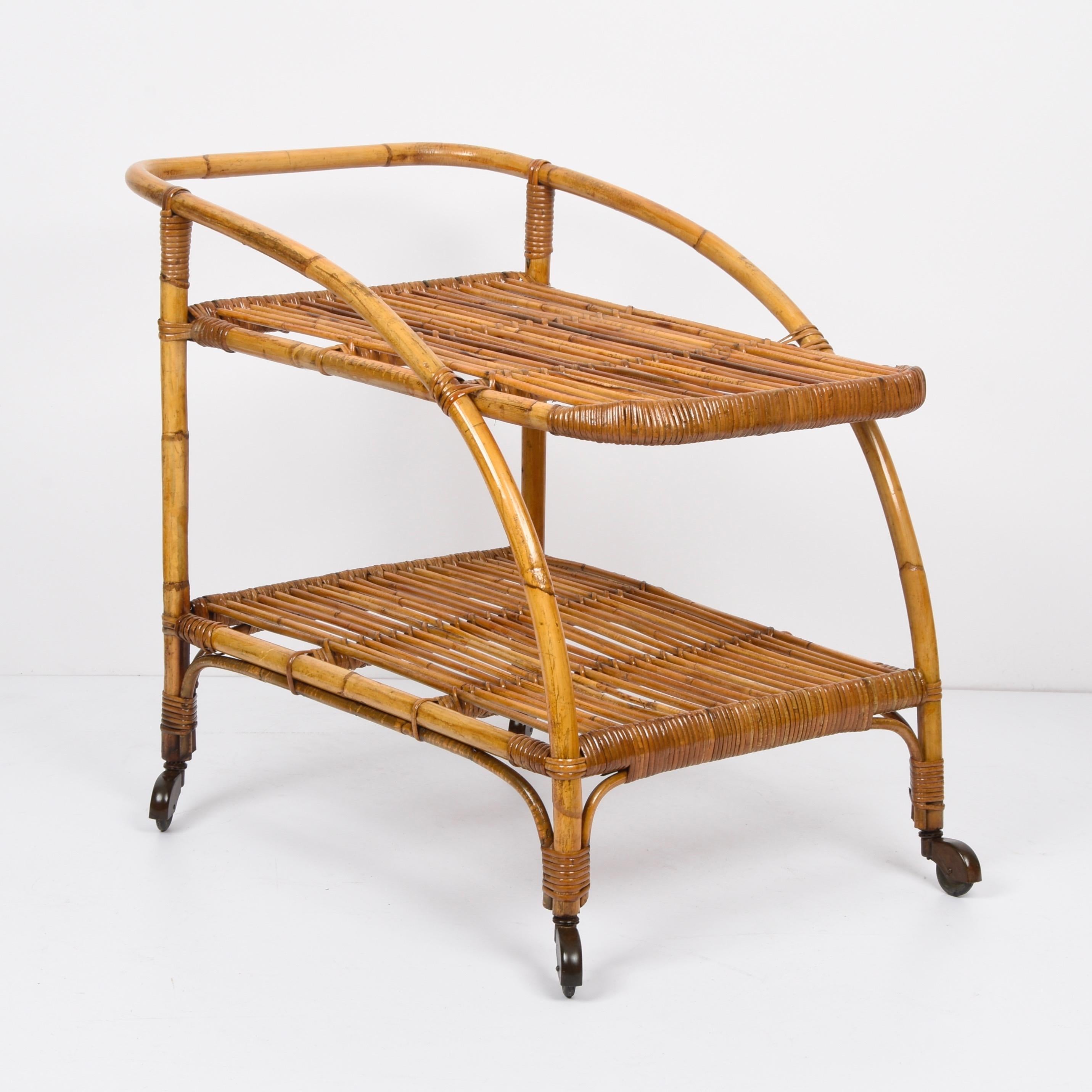 Midcentury Bamboo and Rattan Italian Serving Bar Cart Trolley with Wheels, 1950s 2