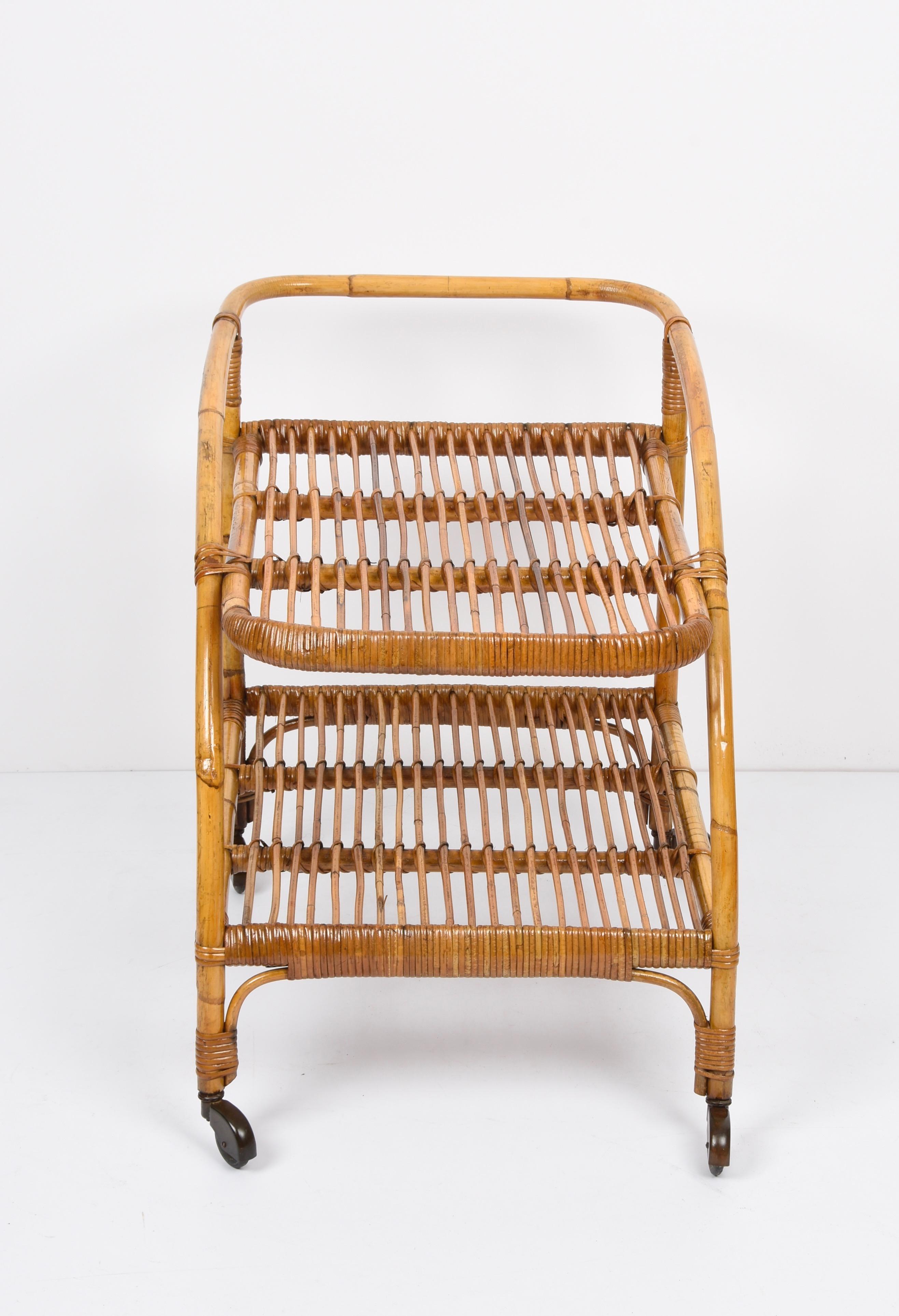 Midcentury Bamboo and Rattan Italian Serving Bar Cart Trolley with Wheels, 1950s 3
