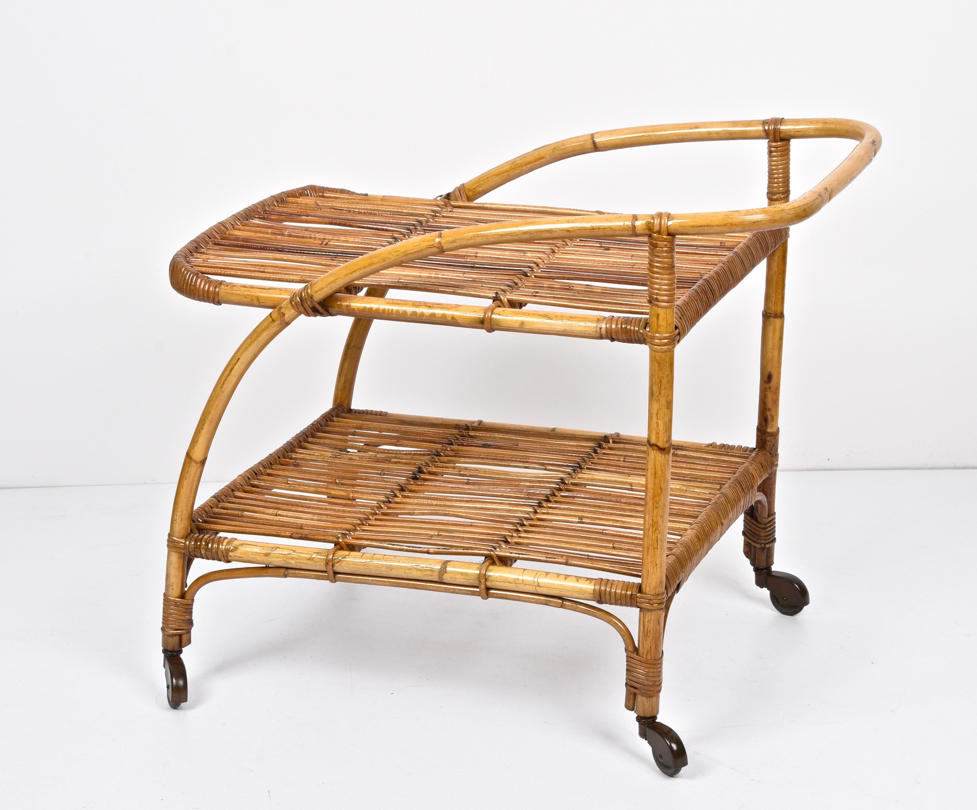 Midcentury Bamboo and Rattan Italian Serving Bar Cart Trolley with Wheels, 1950s 4