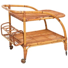 Midcentury Bamboo and Rattan Italian Serving Bar Cart Trolley with Wheels, 1950s