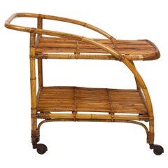 Midcentury Bamboo and Rattan Italian Serving Bar Cart Trolley with Wheels, 1950s