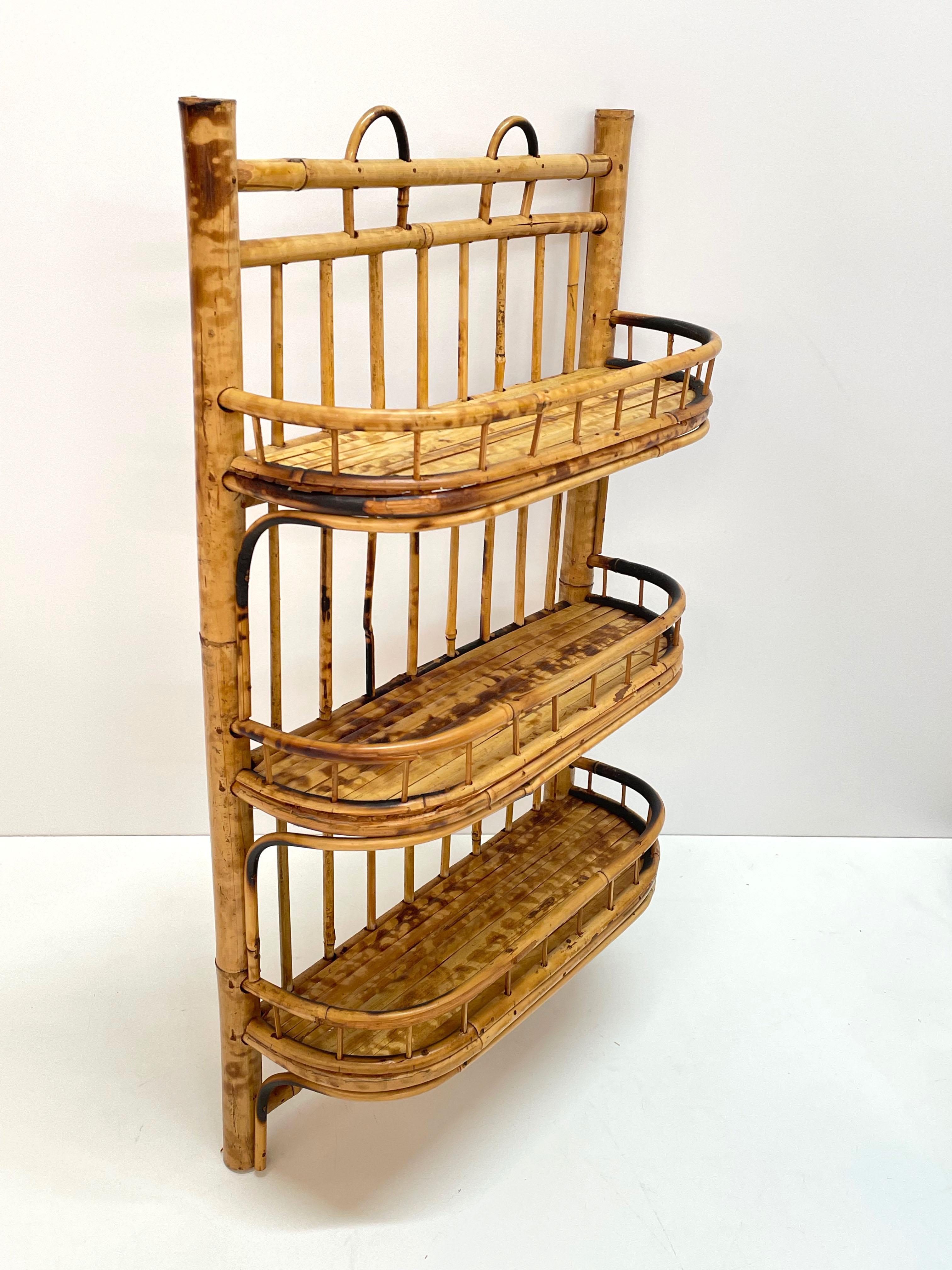 Midcentury Bamboo and Rattan Italian Wall Shelf with Three Top Hooks, 1960s 5