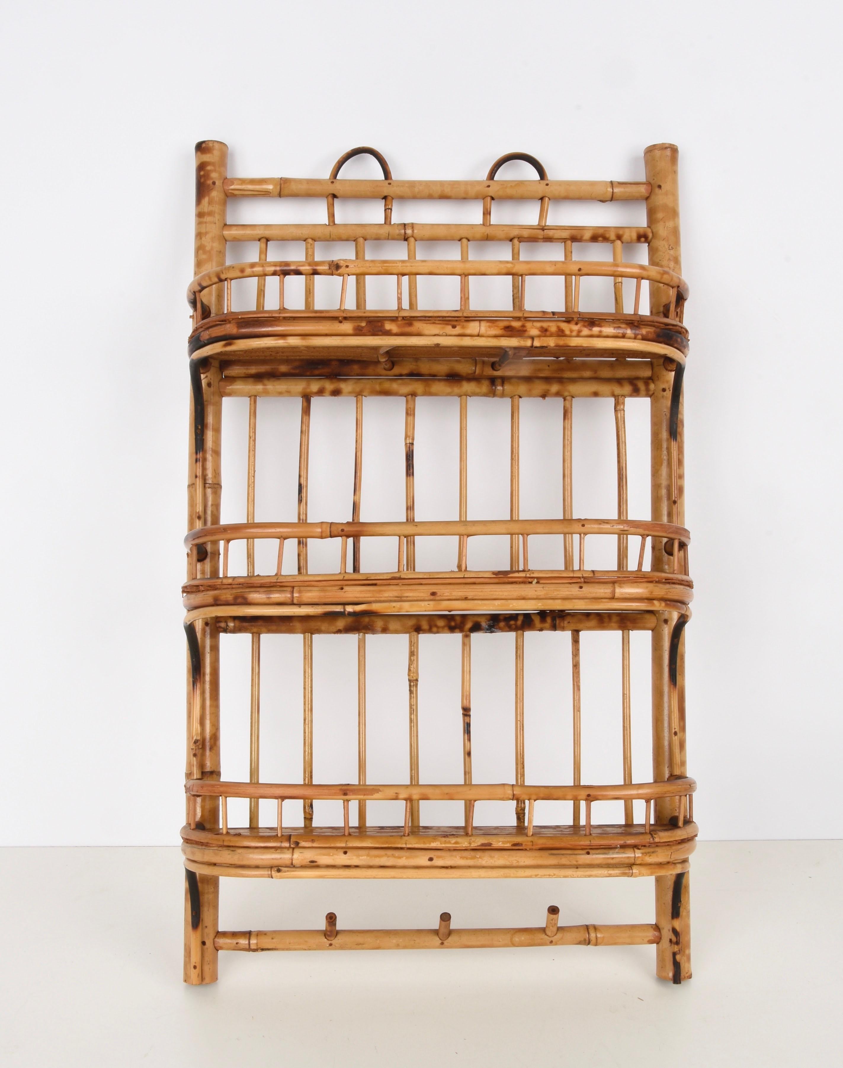 Mid-Century Modern Midcentury Bamboo and Rattan Italian Wall Shelf with Three Top Hooks, 1960s