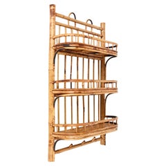 Midcentury Bamboo and Rattan Italian Wall Shelf with Three Top Hooks, 1960s