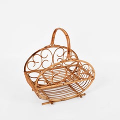 Midcentury French Riviera Bamboo and Rattan Italian Magazine Rack, 1960s