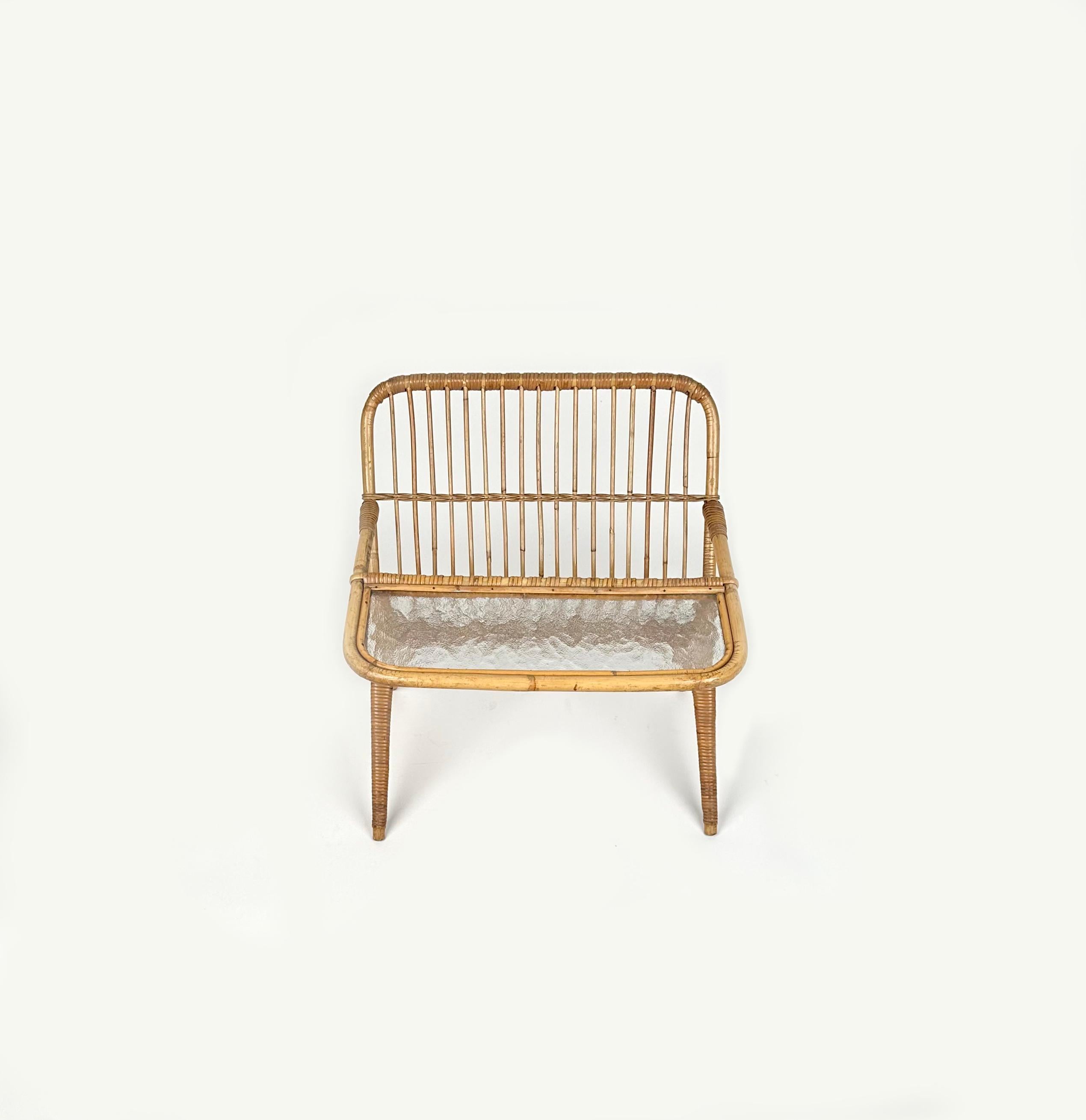 Midcentury Bamboo and Rattan Magazine Rack Table with Glass Shelf, Italy 1960s 4