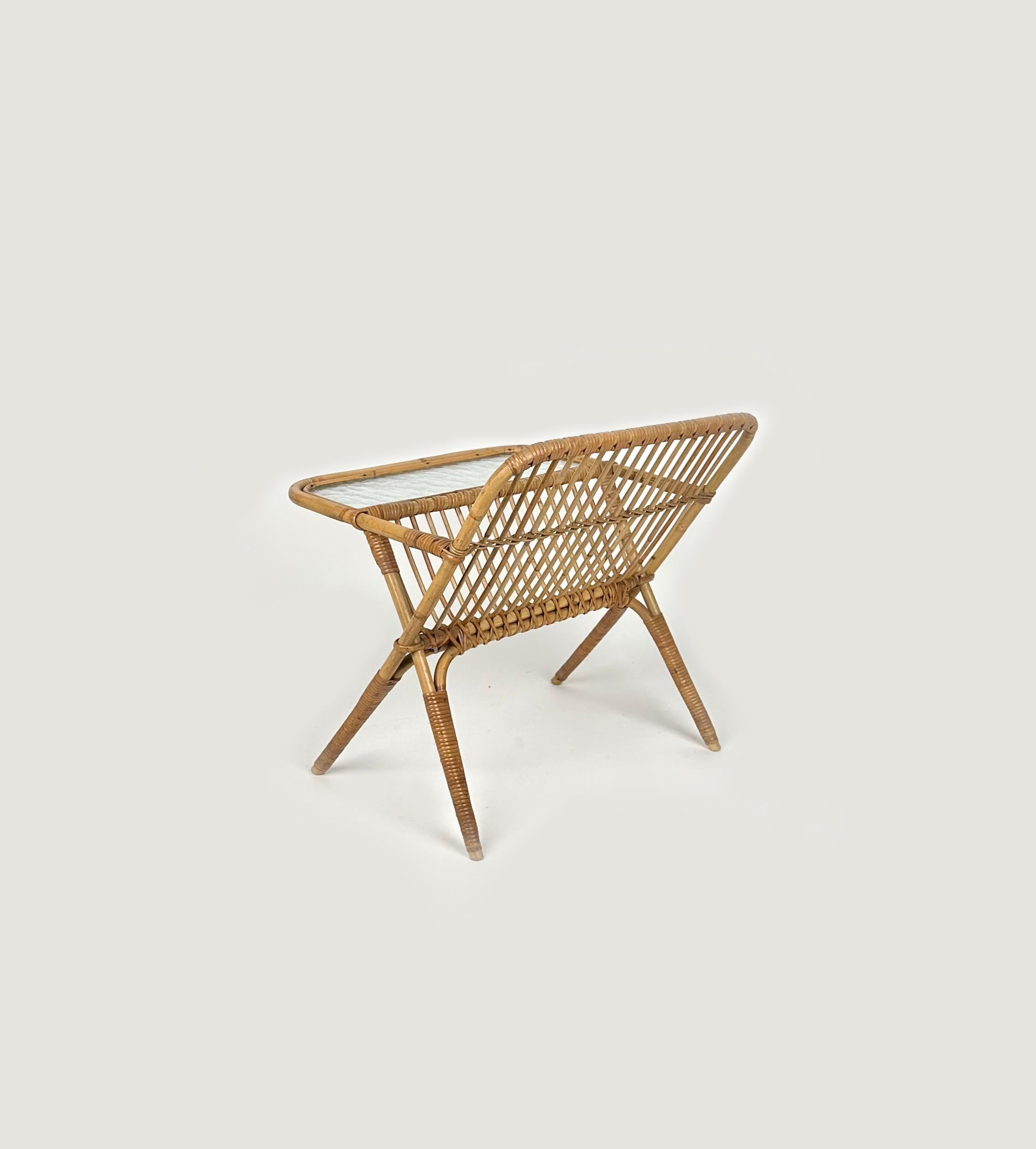 Midcentury Bamboo and Rattan Magazine Rack Table with Glass Shelf, Italy 1960s 8