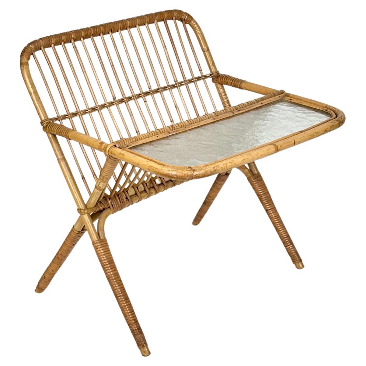 Midcentury Bamboo and Rattan Magazine Rack Table with Glass Shelf, Italy 1960s