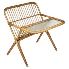 Midcentury Bamboo and Rattan Magazine Rack Table with Glass Shelf, Italy 1960s
