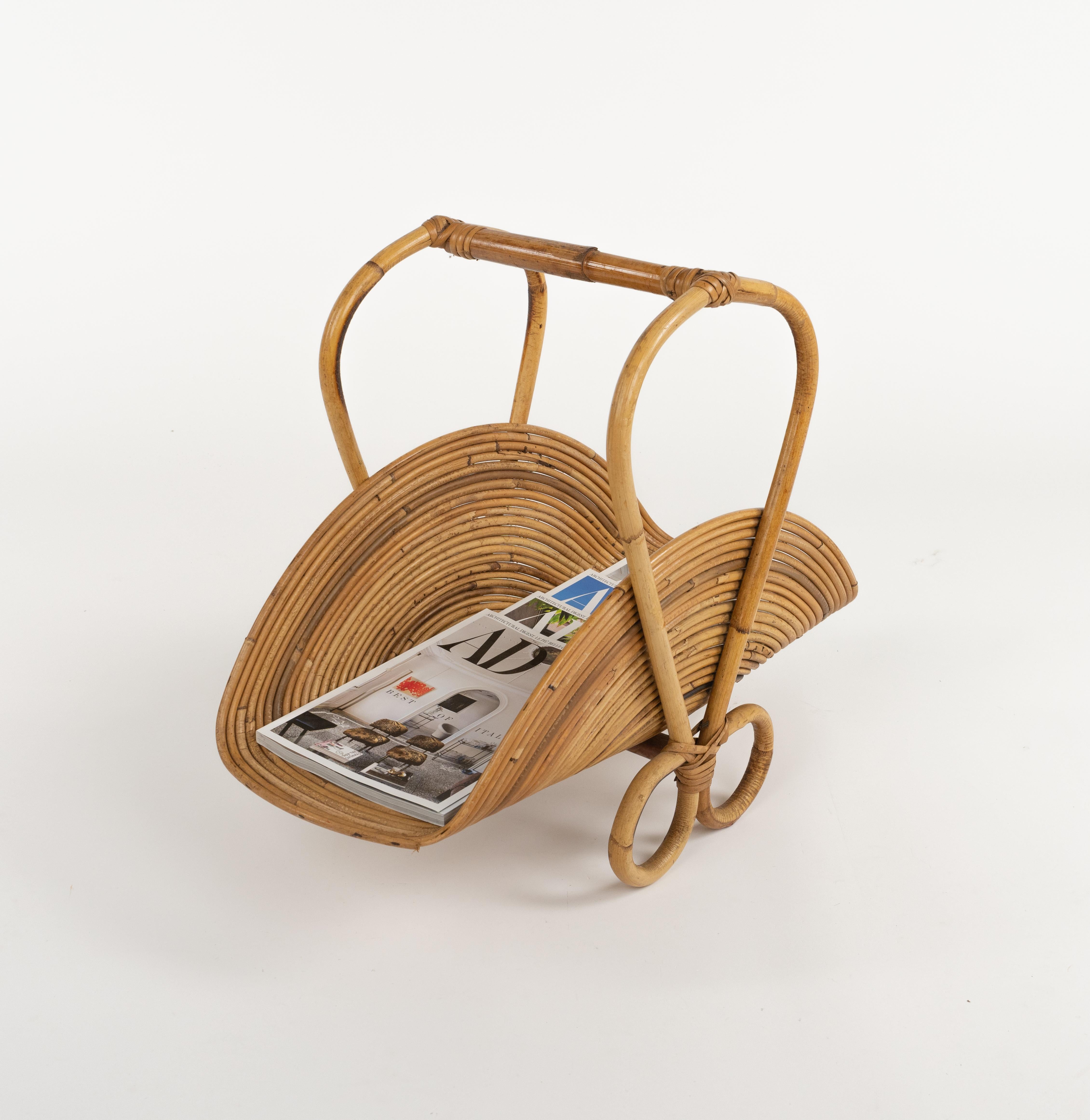 Midcentury Bamboo and Rattan Magazine Rack Vivai Del Sud Style, Italy 1960s For Sale 4