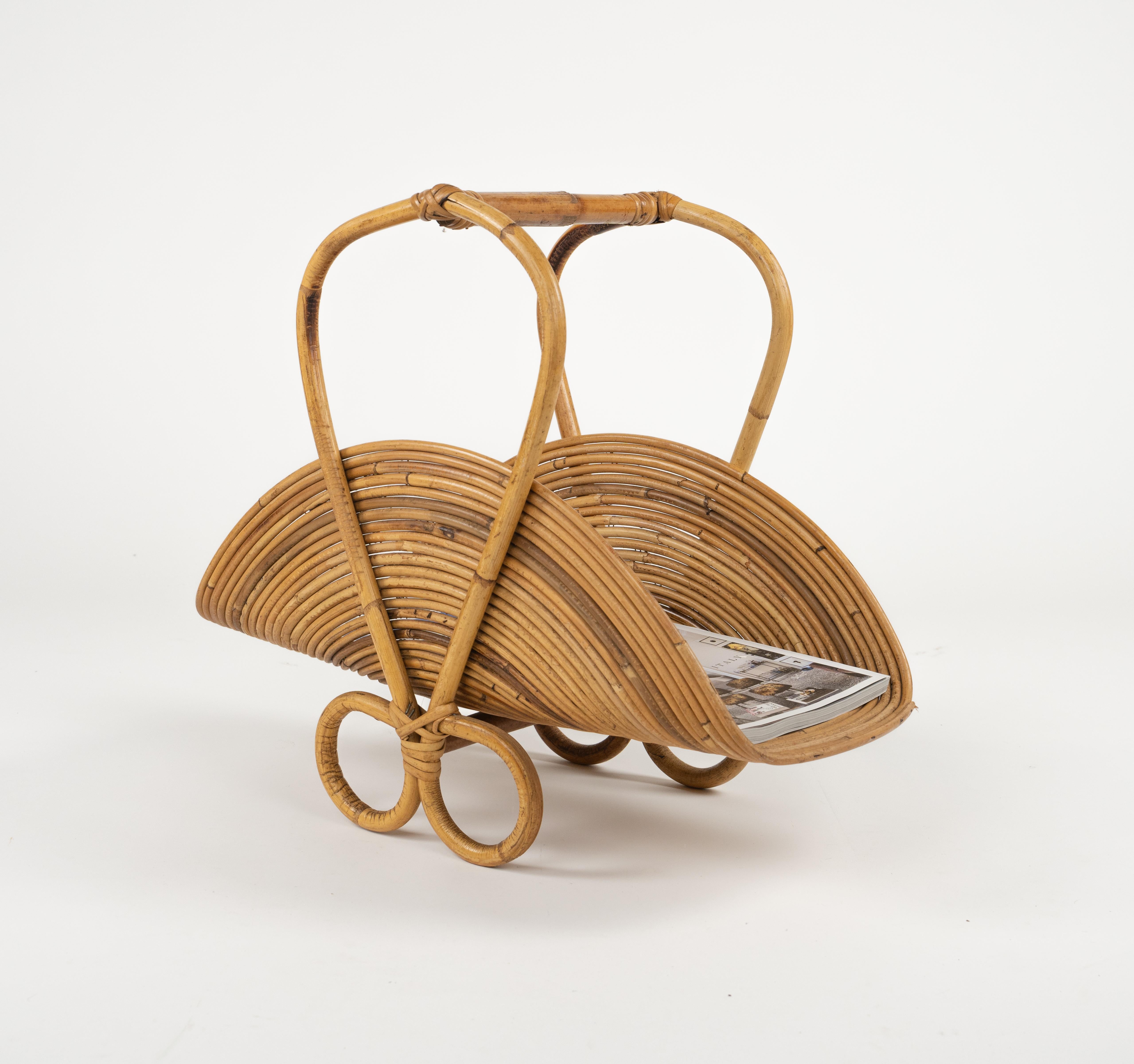 Midcentury Bamboo and Rattan Magazine Rack Vivai Del Sud Style, Italy 1960s For Sale 5