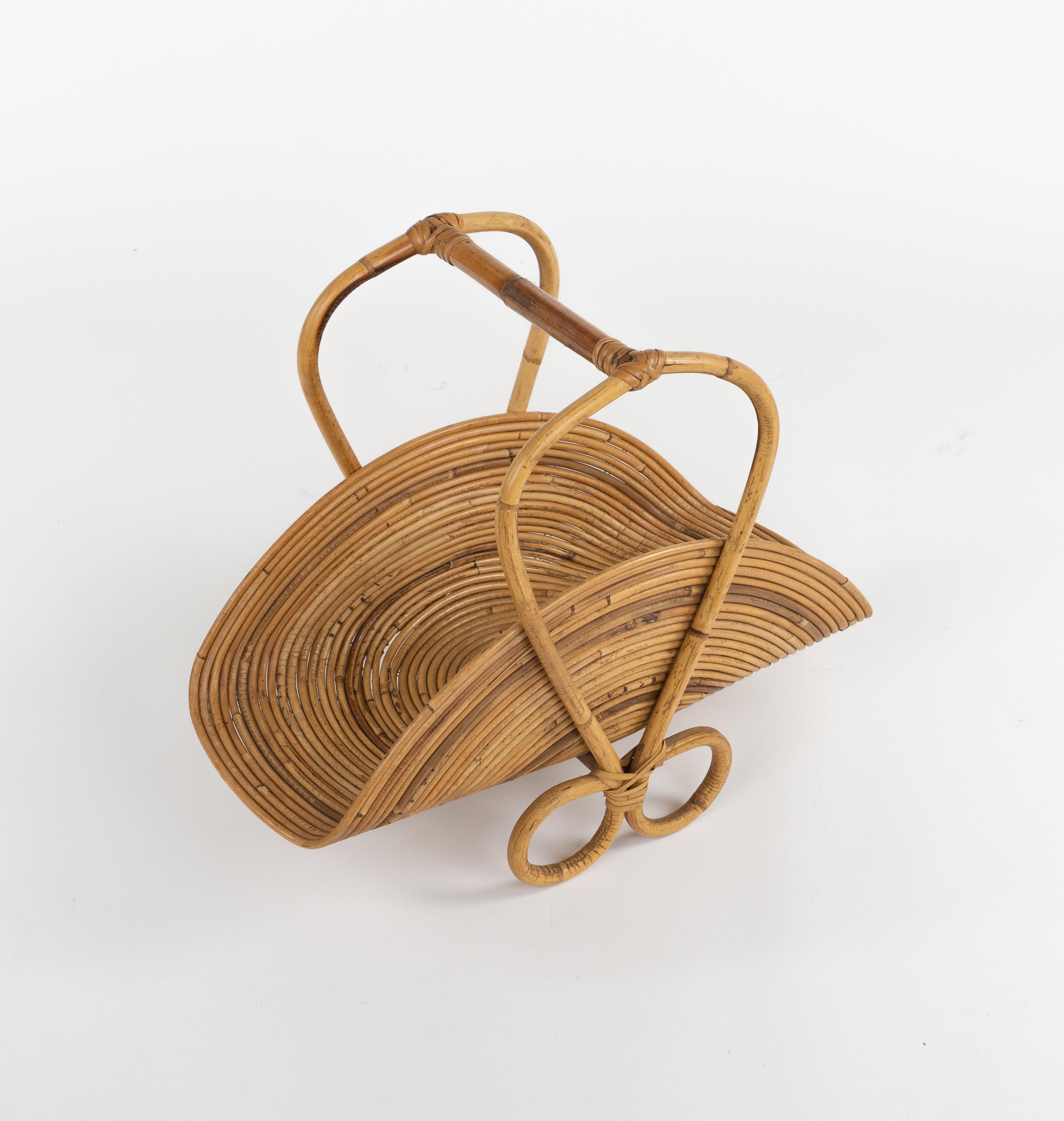 Mid-Century Modern Midcentury Bamboo and Rattan Magazine Rack Vivai Del Sud Style, Italy 1960s For Sale