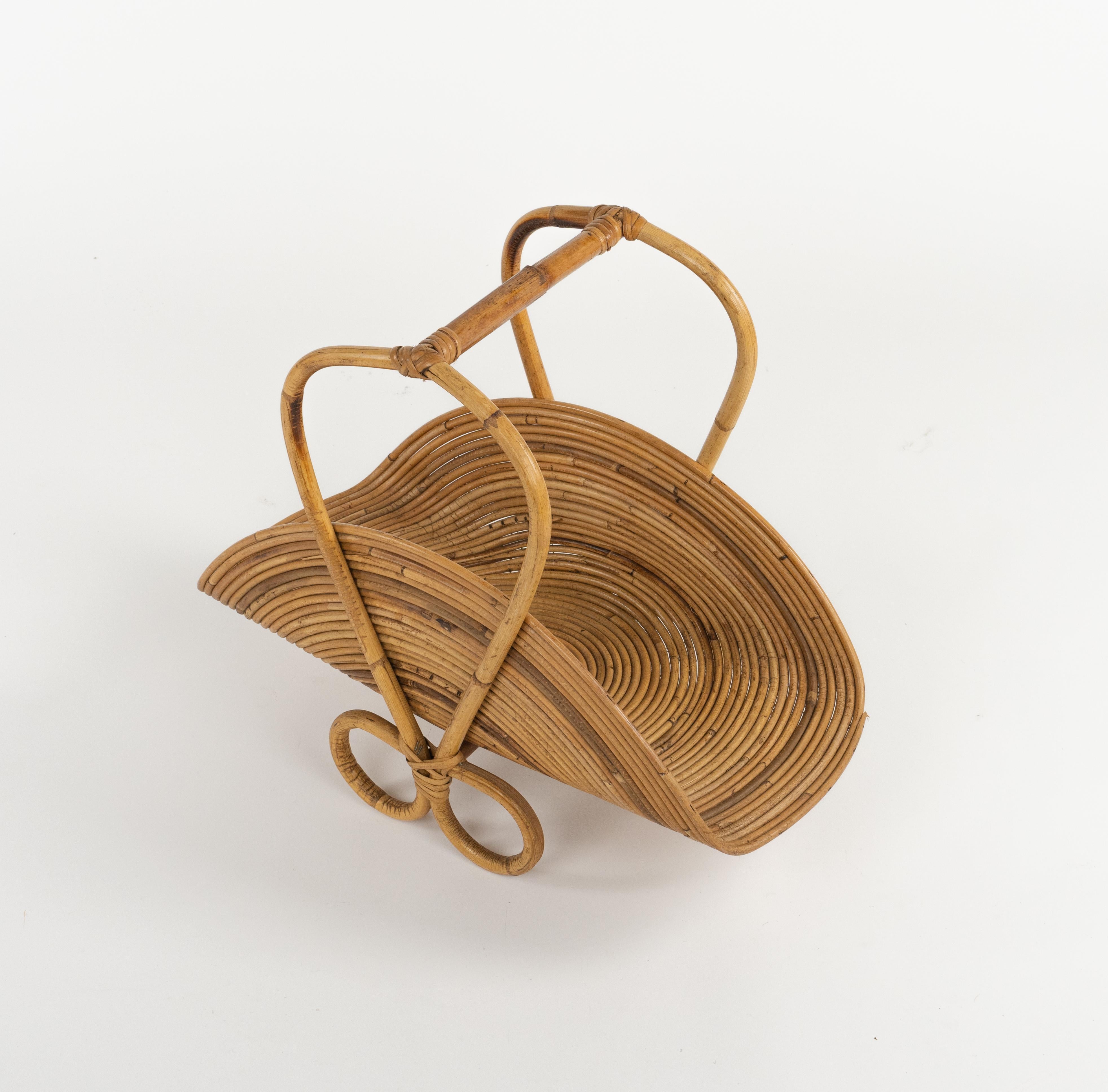 Mid-20th Century Midcentury Bamboo and Rattan Magazine Rack Vivai Del Sud Style, Italy 1960s For Sale