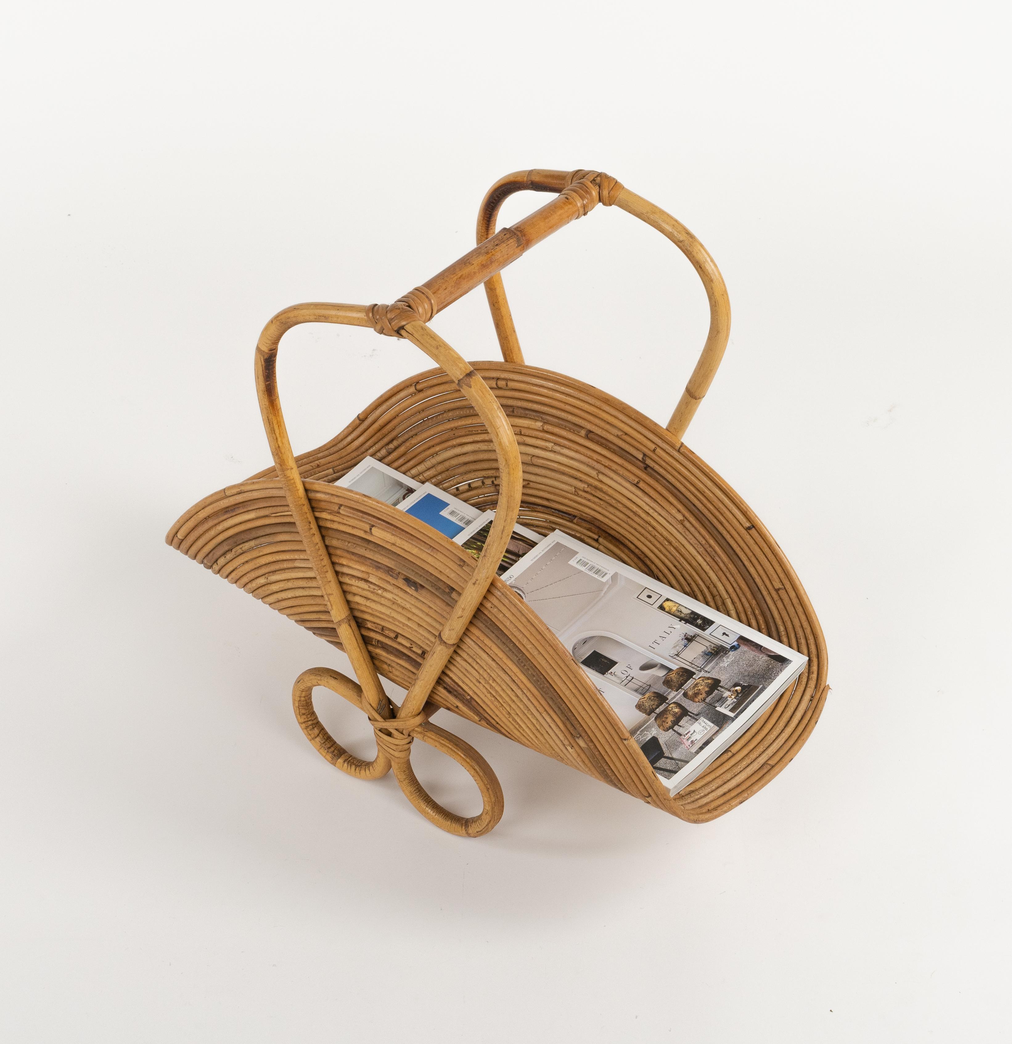 Midcentury Bamboo and Rattan Magazine Rack Vivai Del Sud Style, Italy 1960s For Sale 1