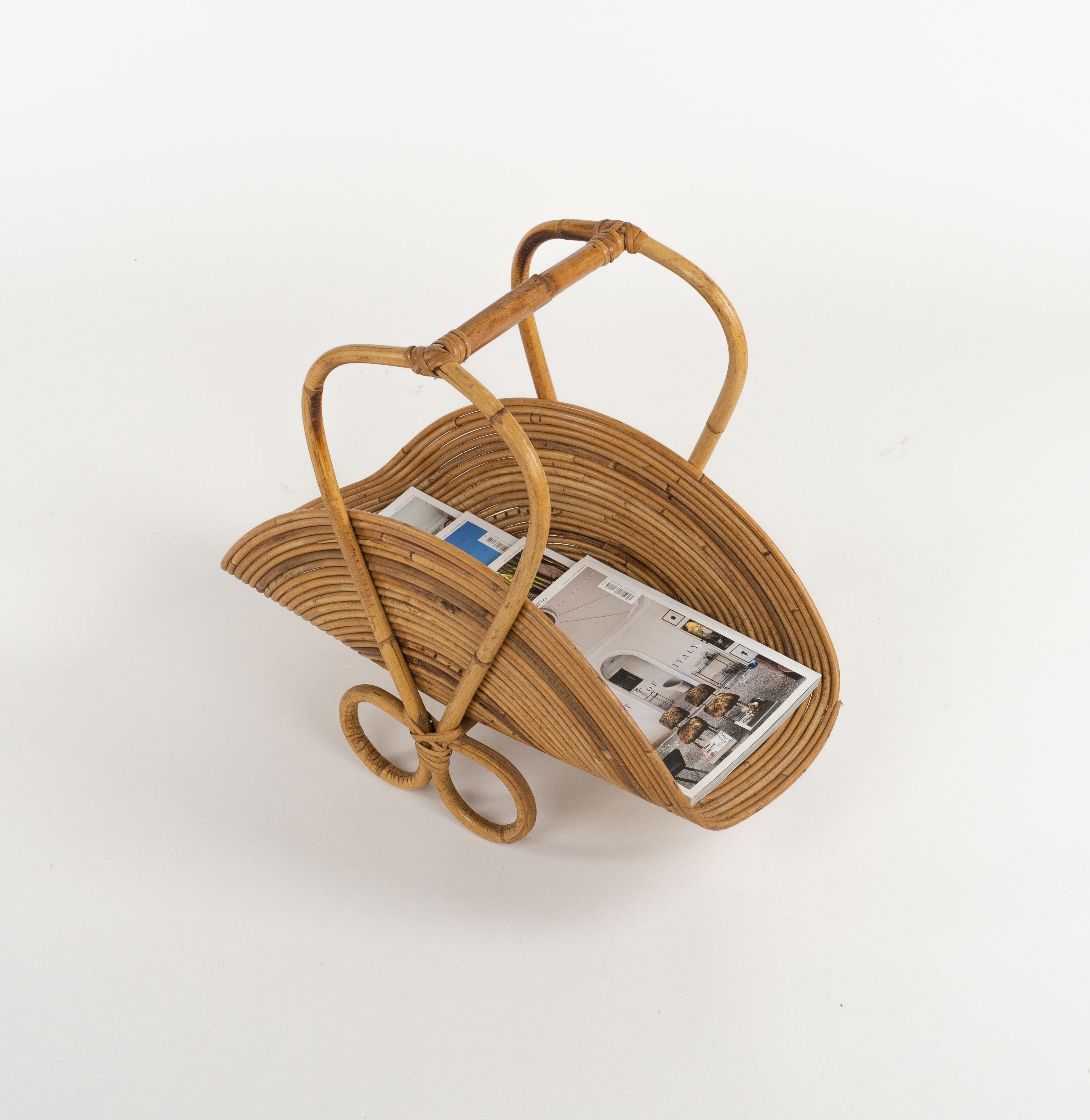 Midcentury Bamboo and Rattan Magazine Rack Vivai Del Sud Style, Italy 1960s For Sale 2