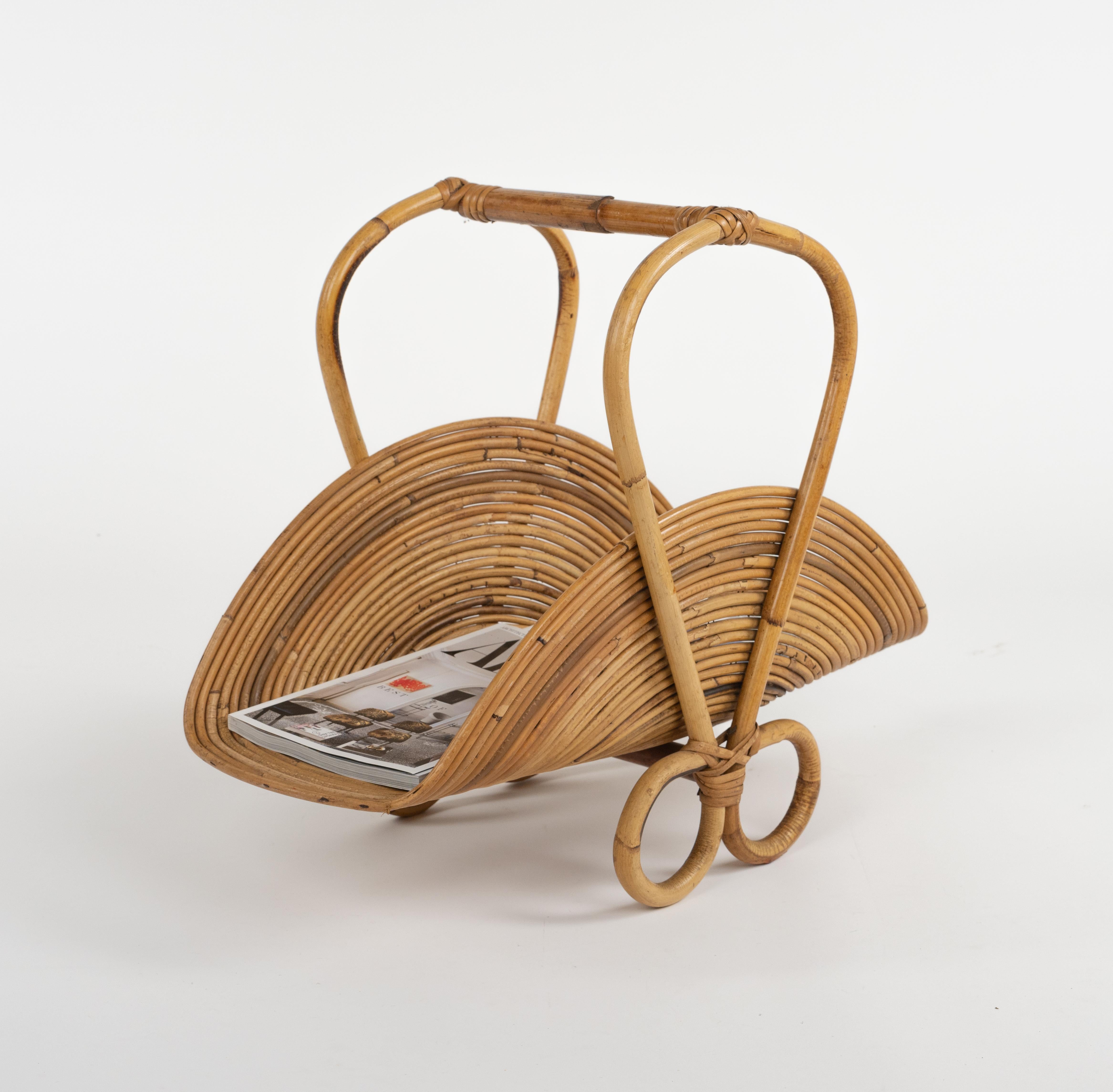 Midcentury Bamboo and Rattan Magazine Rack Vivai Del Sud Style, Italy 1960s For Sale 3