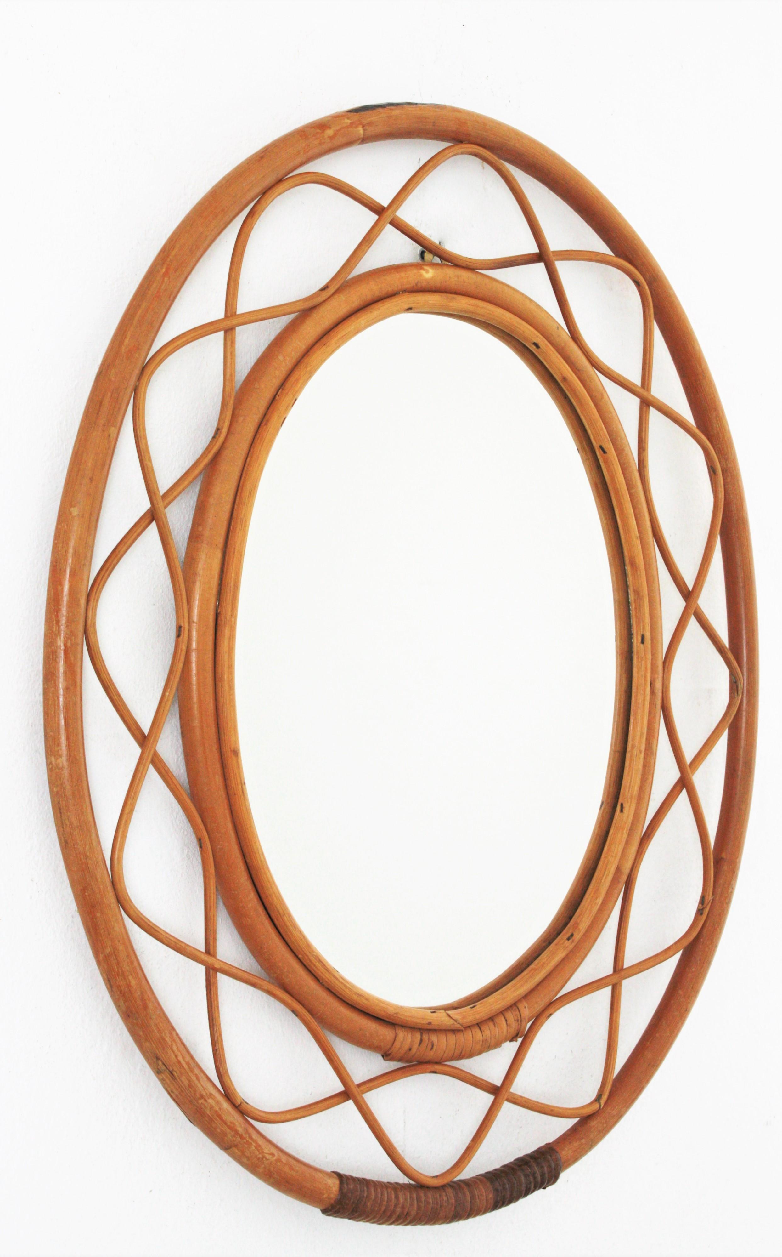 Mid-Century Modern Midcentury Bamboo and Rattan Oval Mirror, France, 1960s