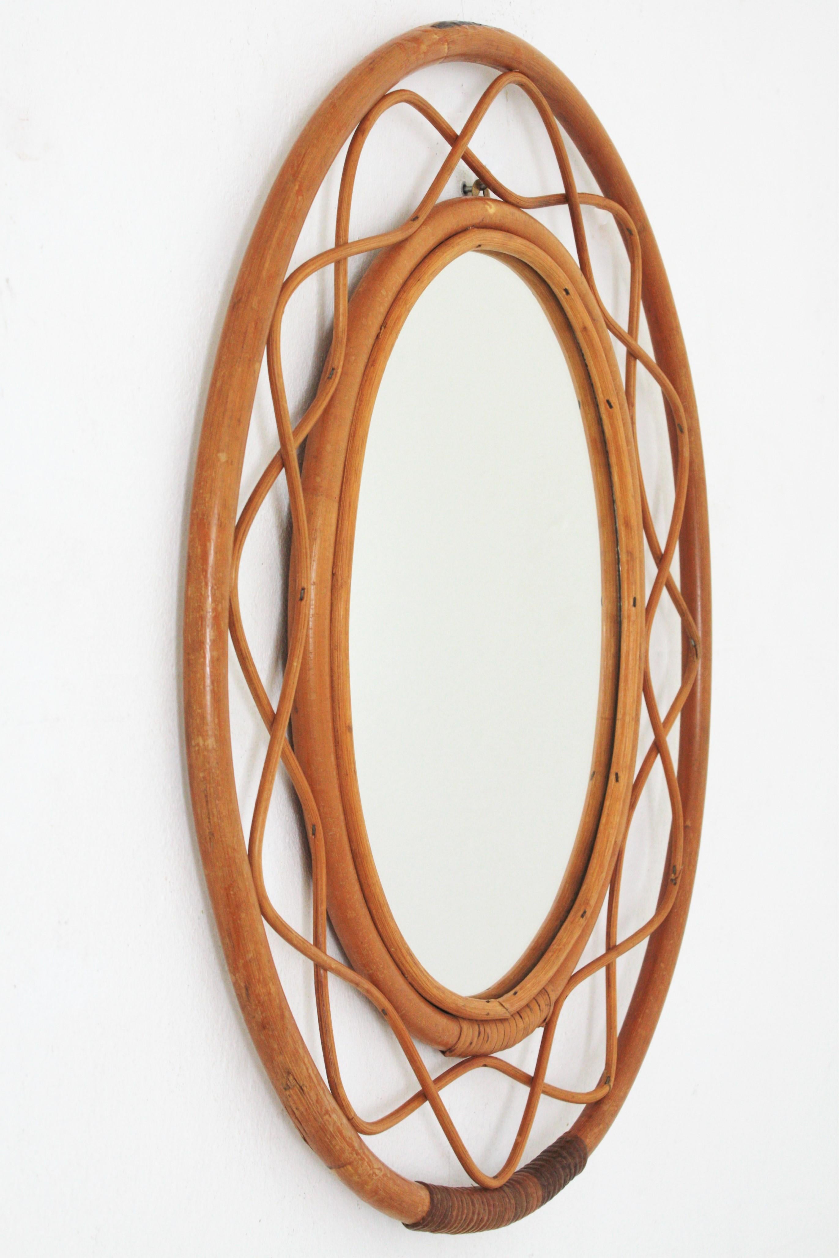 French Midcentury Bamboo and Rattan Oval Mirror, France, 1960s