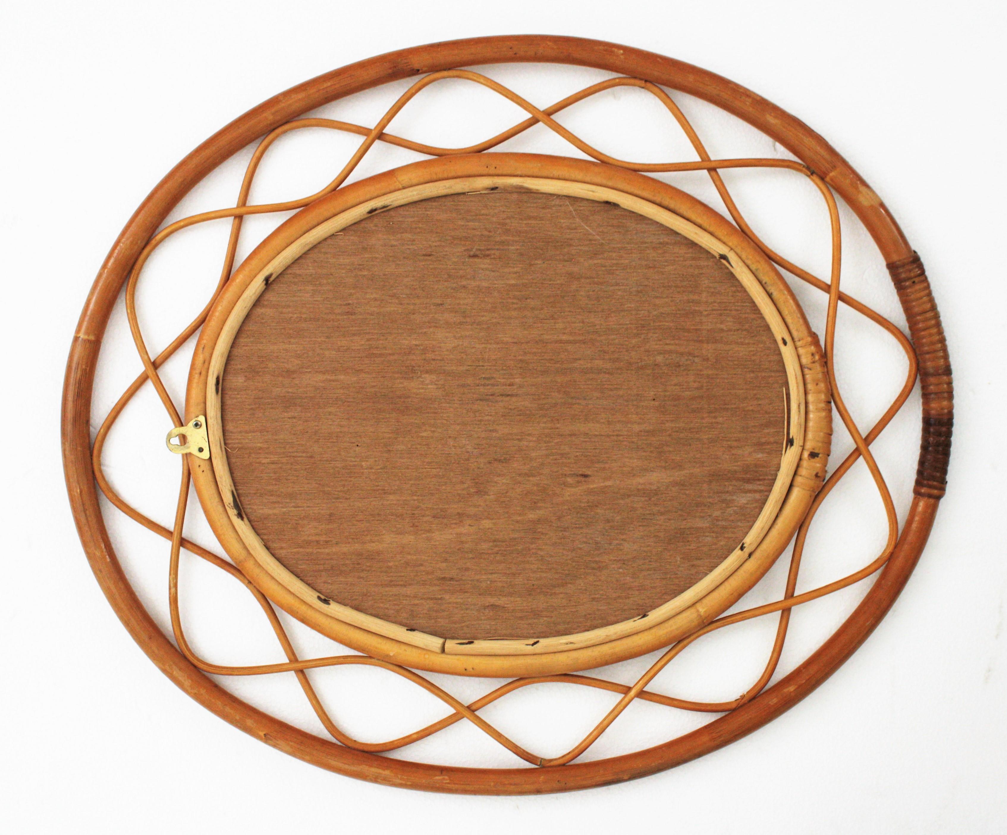 Midcentury Bamboo and Rattan Oval Mirror, France, 1960s 3