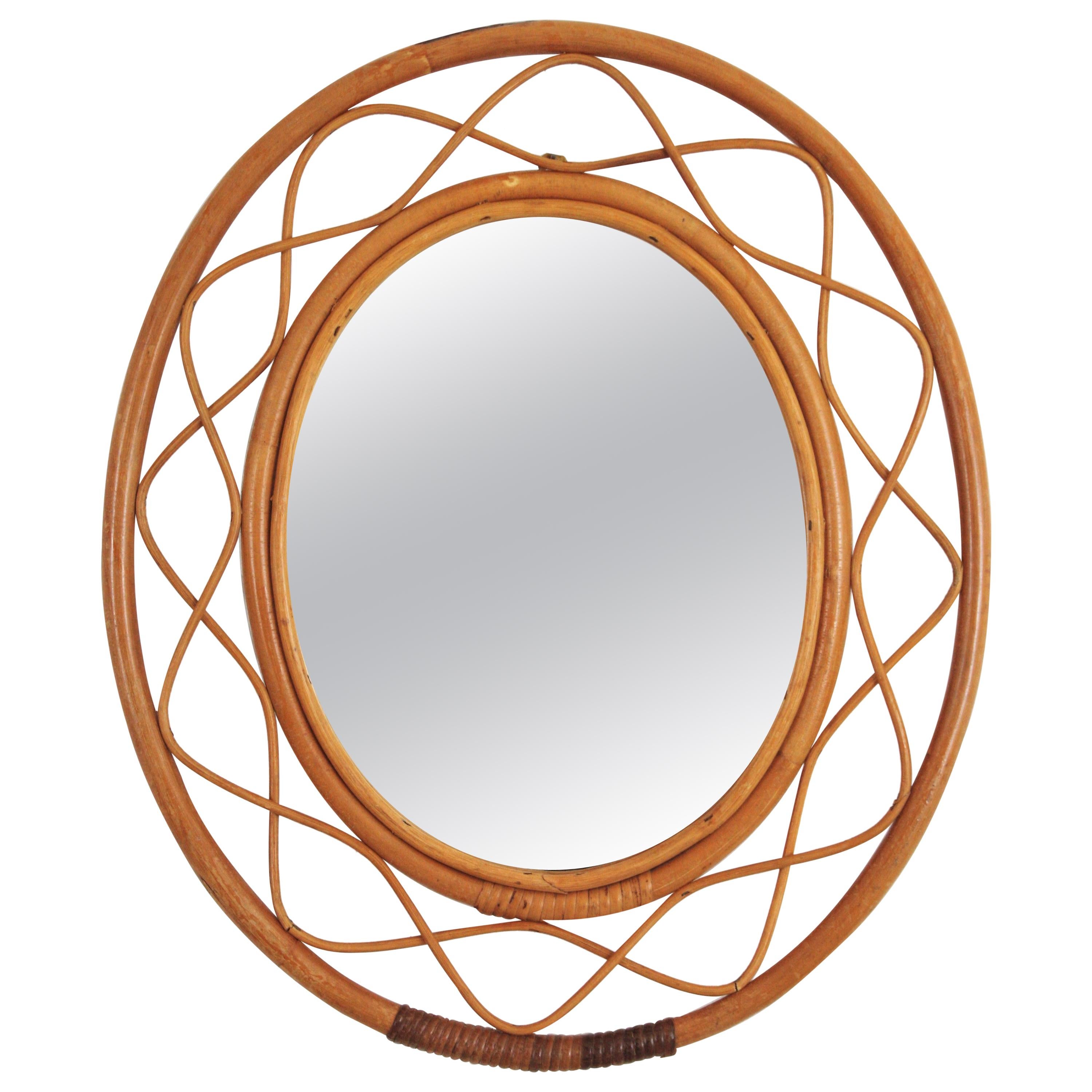 Midcentury Bamboo and Rattan Oval Mirror, France, 1960s