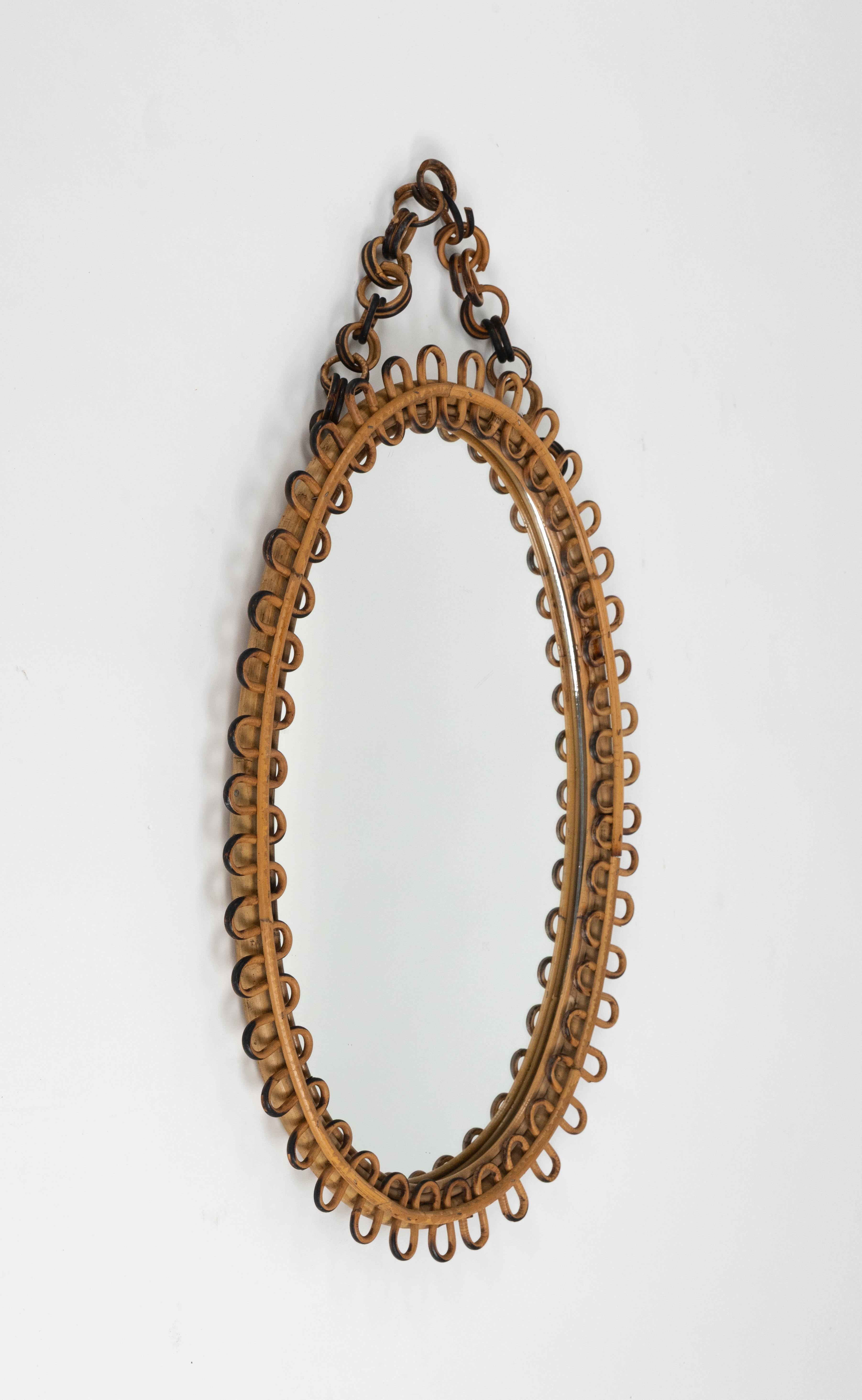Mid-Century Modern Midcentury Bamboo and Rattan Oval Wall Mirror Franco Albini Style, Italy 1960s For Sale