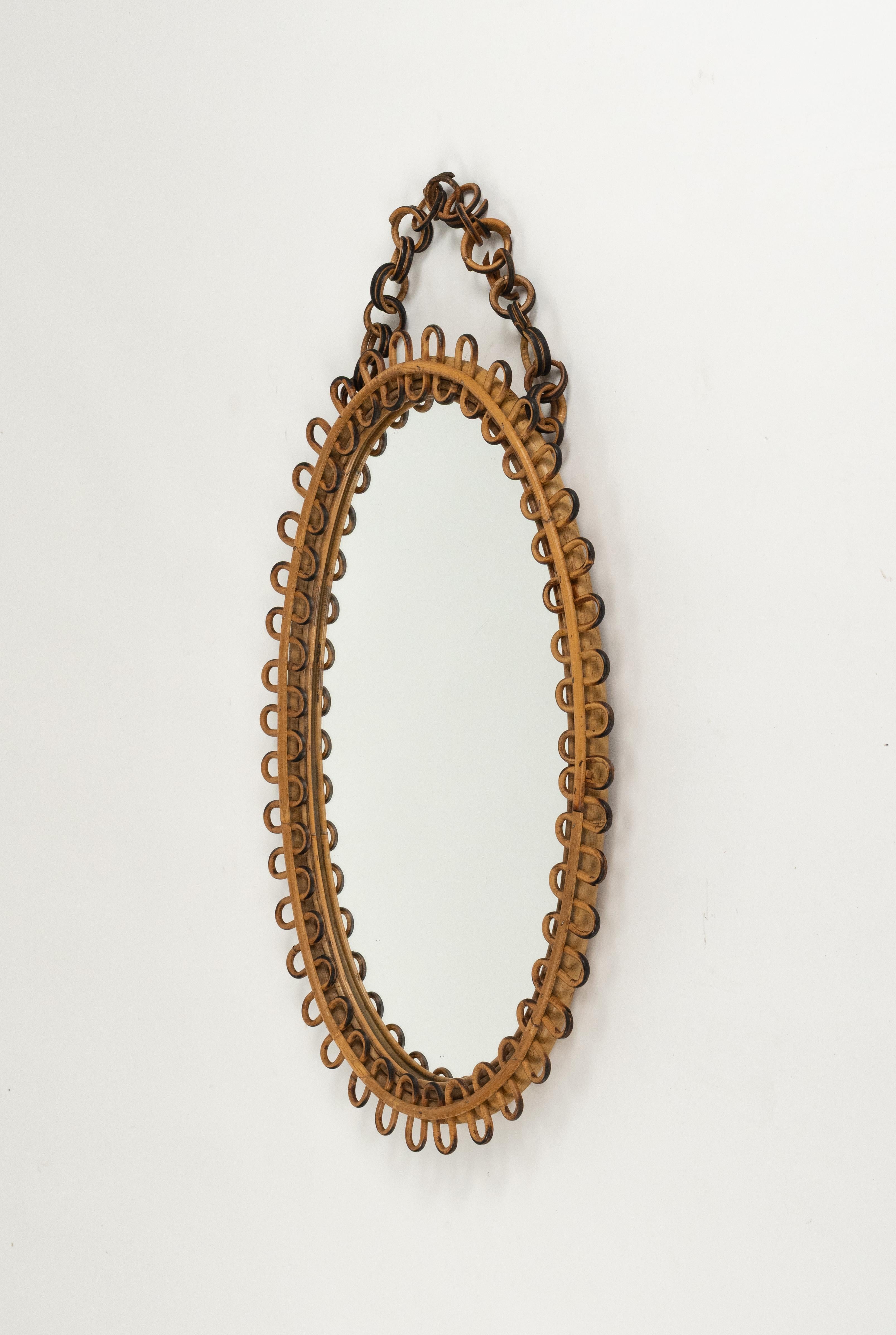 Italian Midcentury Bamboo and Rattan Oval Wall Mirror Franco Albini Style, Italy 1960s For Sale