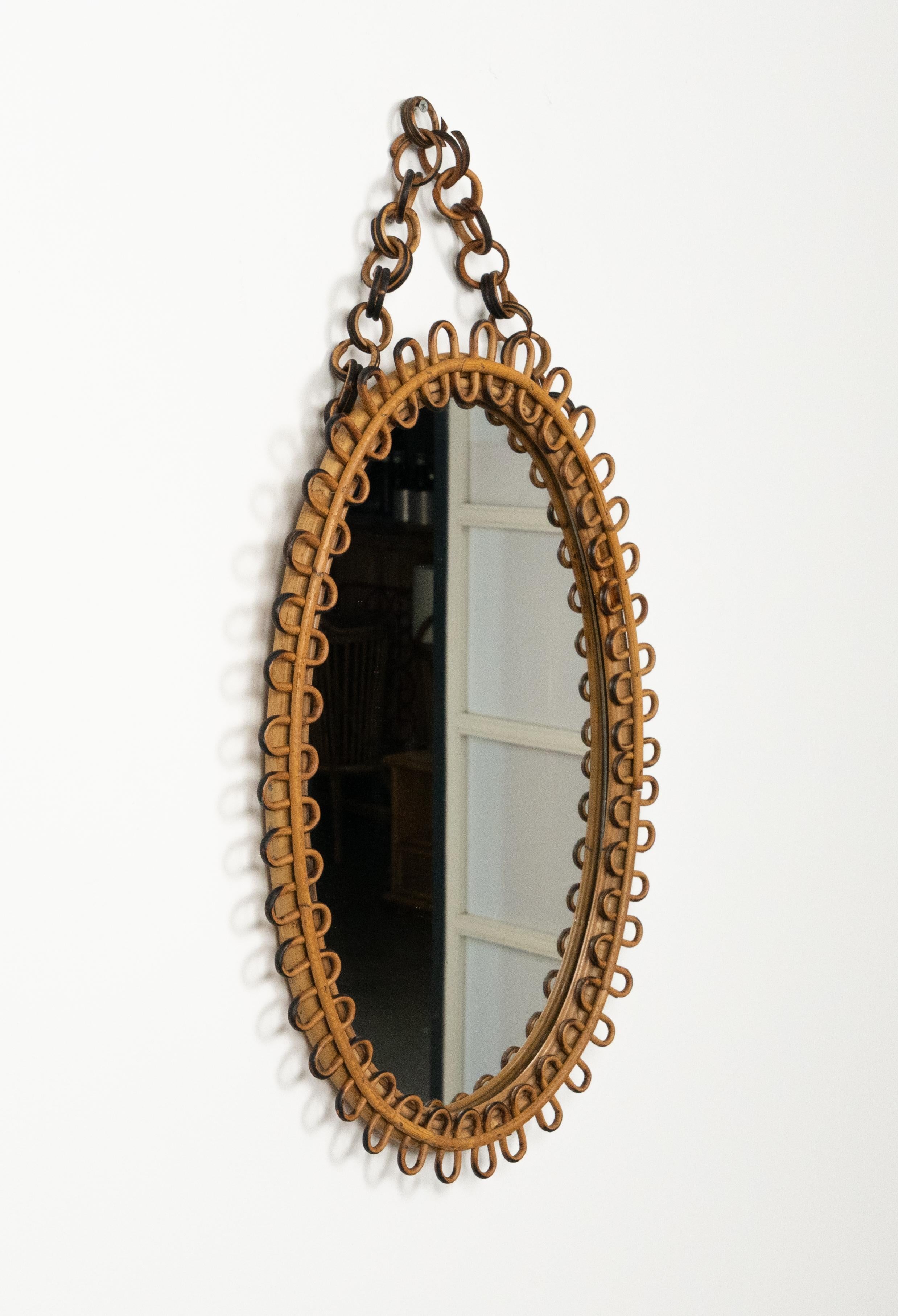 Hand-Crafted Midcentury Bamboo and Rattan Oval Wall Mirror Franco Albini Style, Italy 1960s For Sale