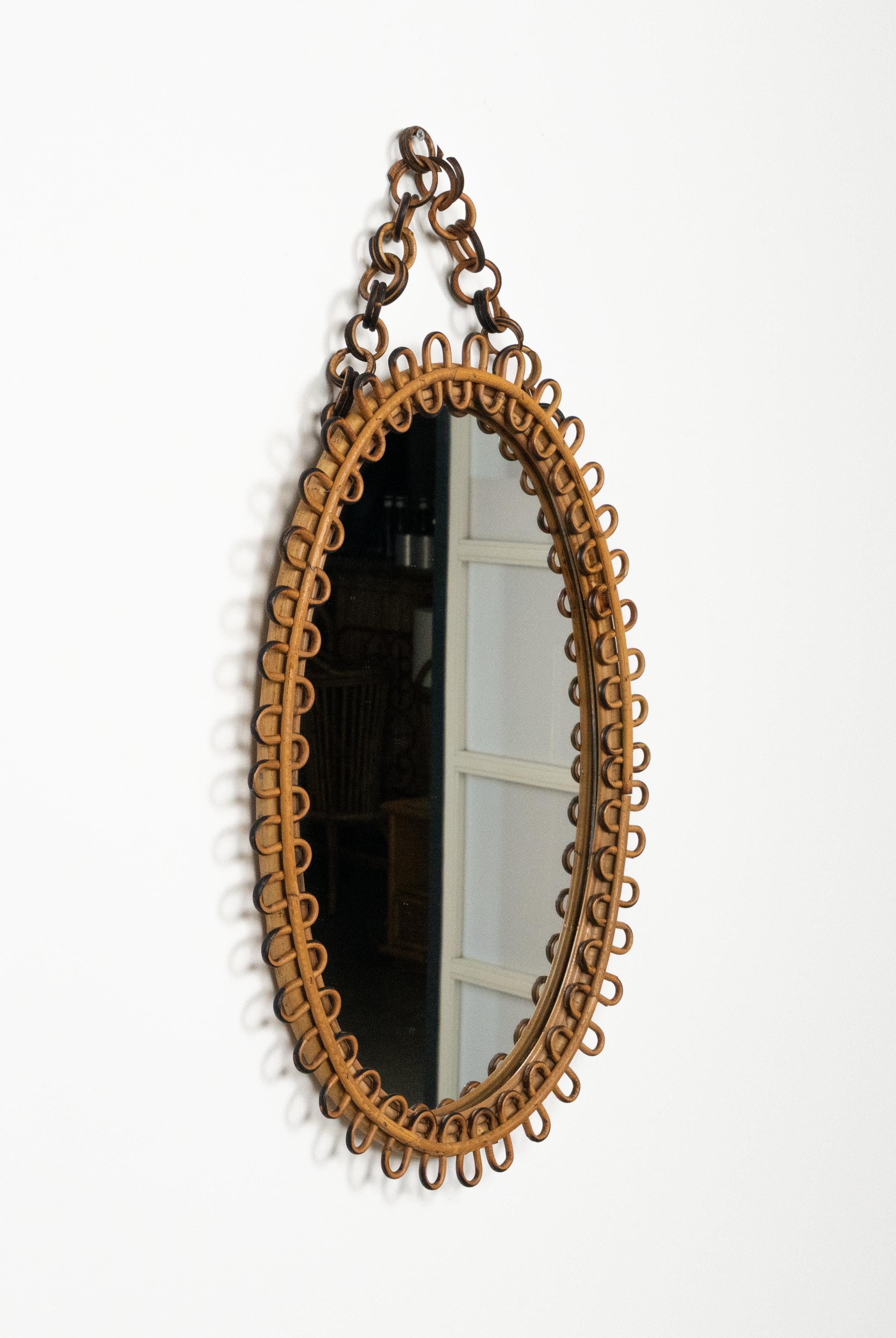 Midcentury Bamboo and Rattan Oval Wall Mirror Franco Albini Style, Italy 1960s In Good Condition For Sale In Rome, IT