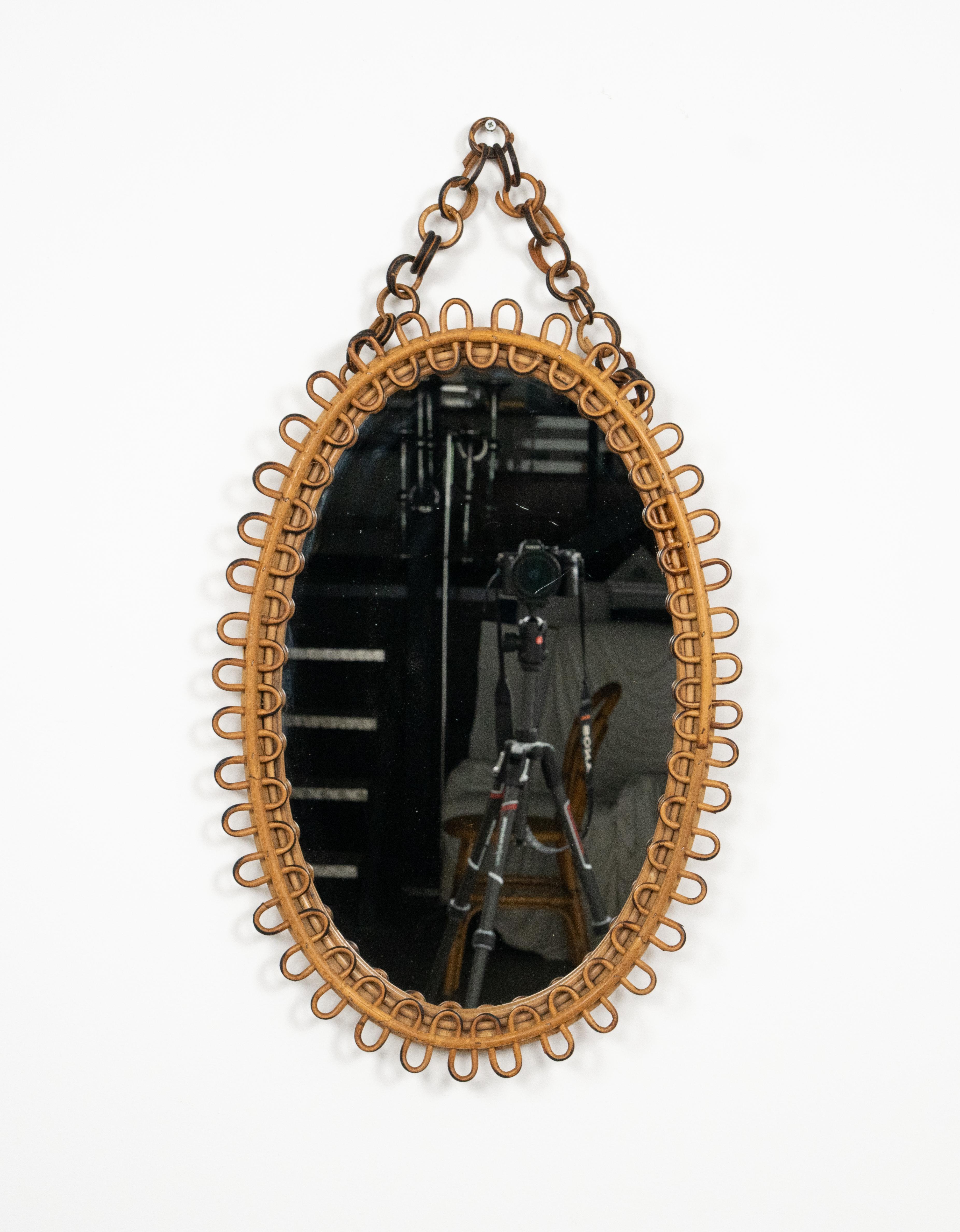 Mid-20th Century Midcentury Bamboo and Rattan Oval Wall Mirror Franco Albini Style, Italy 1960s For Sale