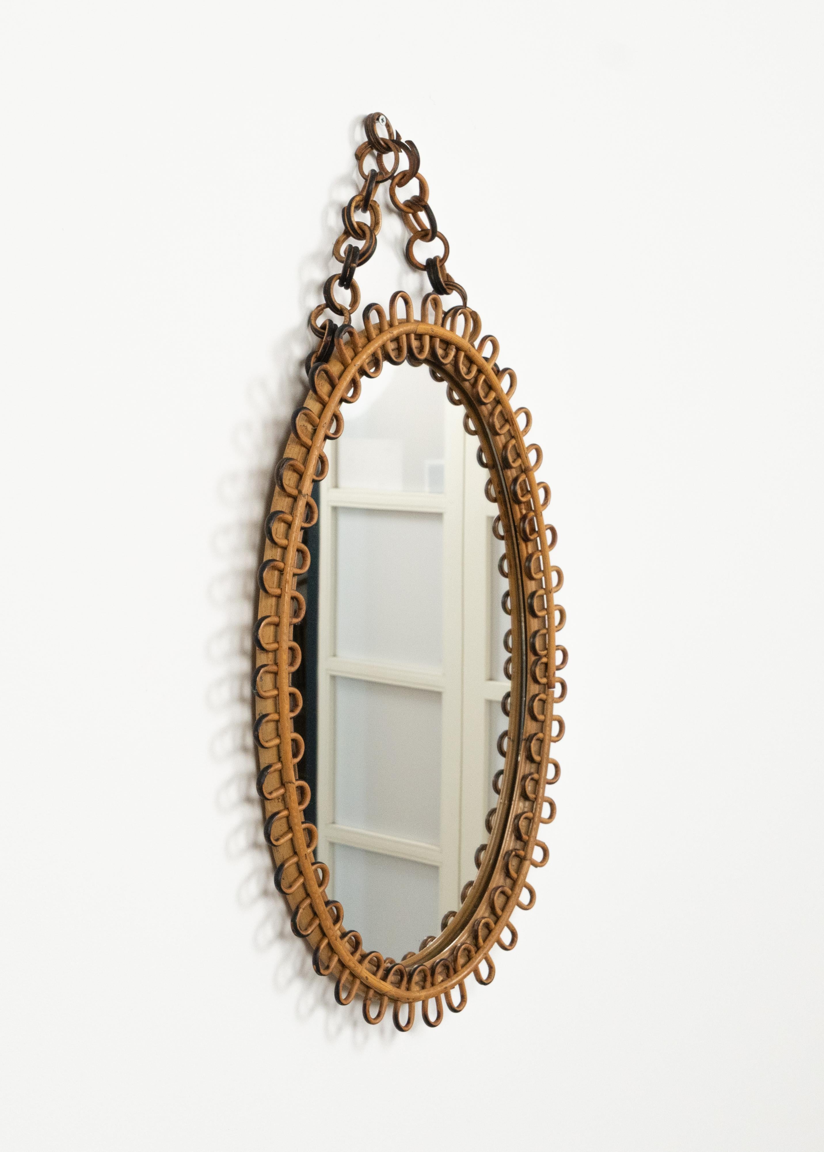 Midcentury Bamboo and Rattan Oval Wall Mirror Franco Albini Style, Italy 1960s For Sale 1