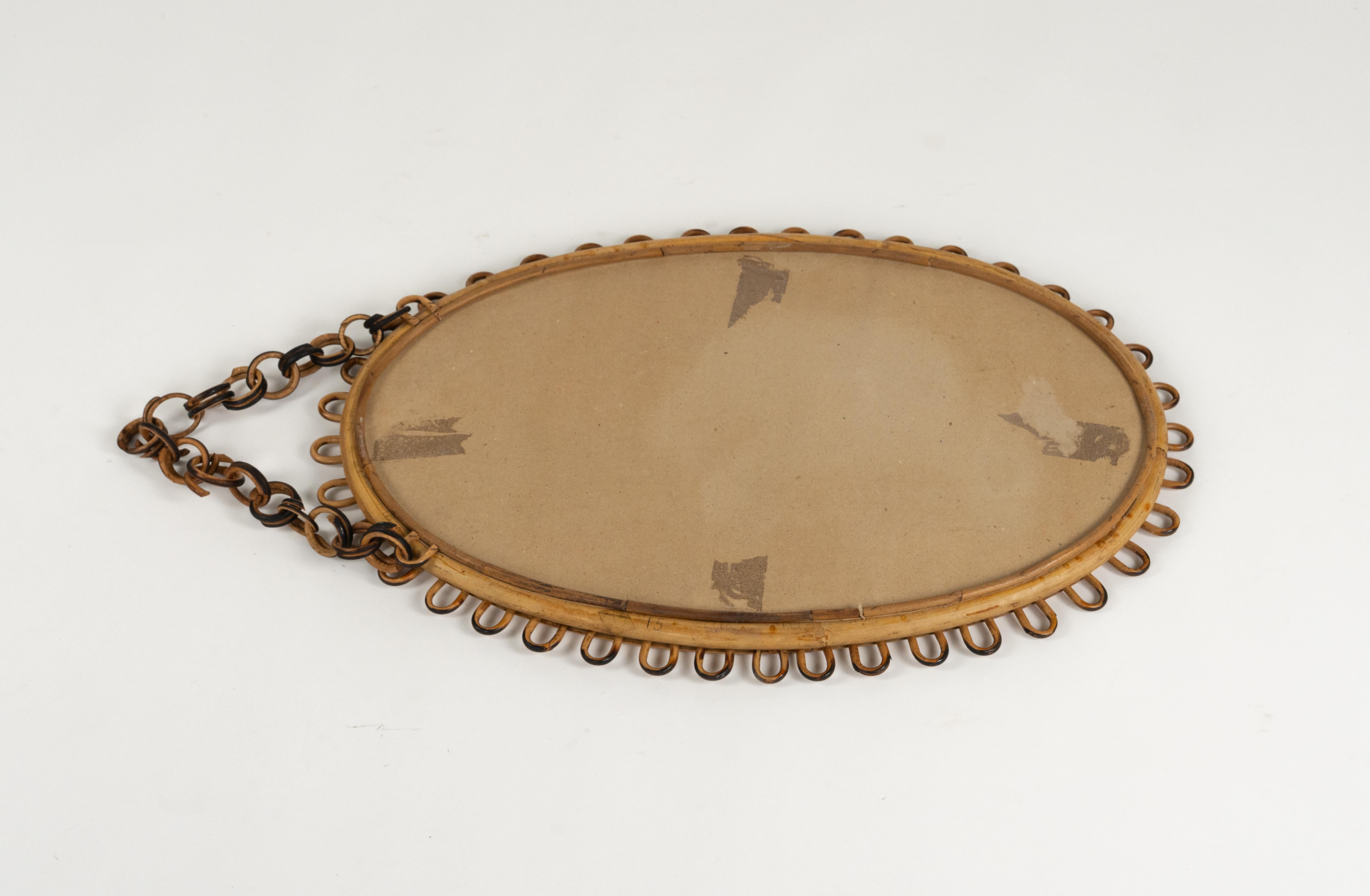 Midcentury Bamboo and Rattan Oval Wall Mirror Franco Albini Style, Italy 1960s For Sale 2