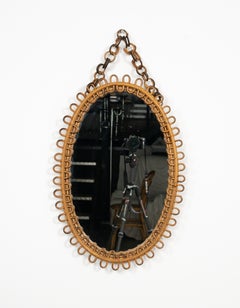 Midcentury Bamboo and Rattan Oval Wall Mirror Franco Albini Style, Italy 1960s