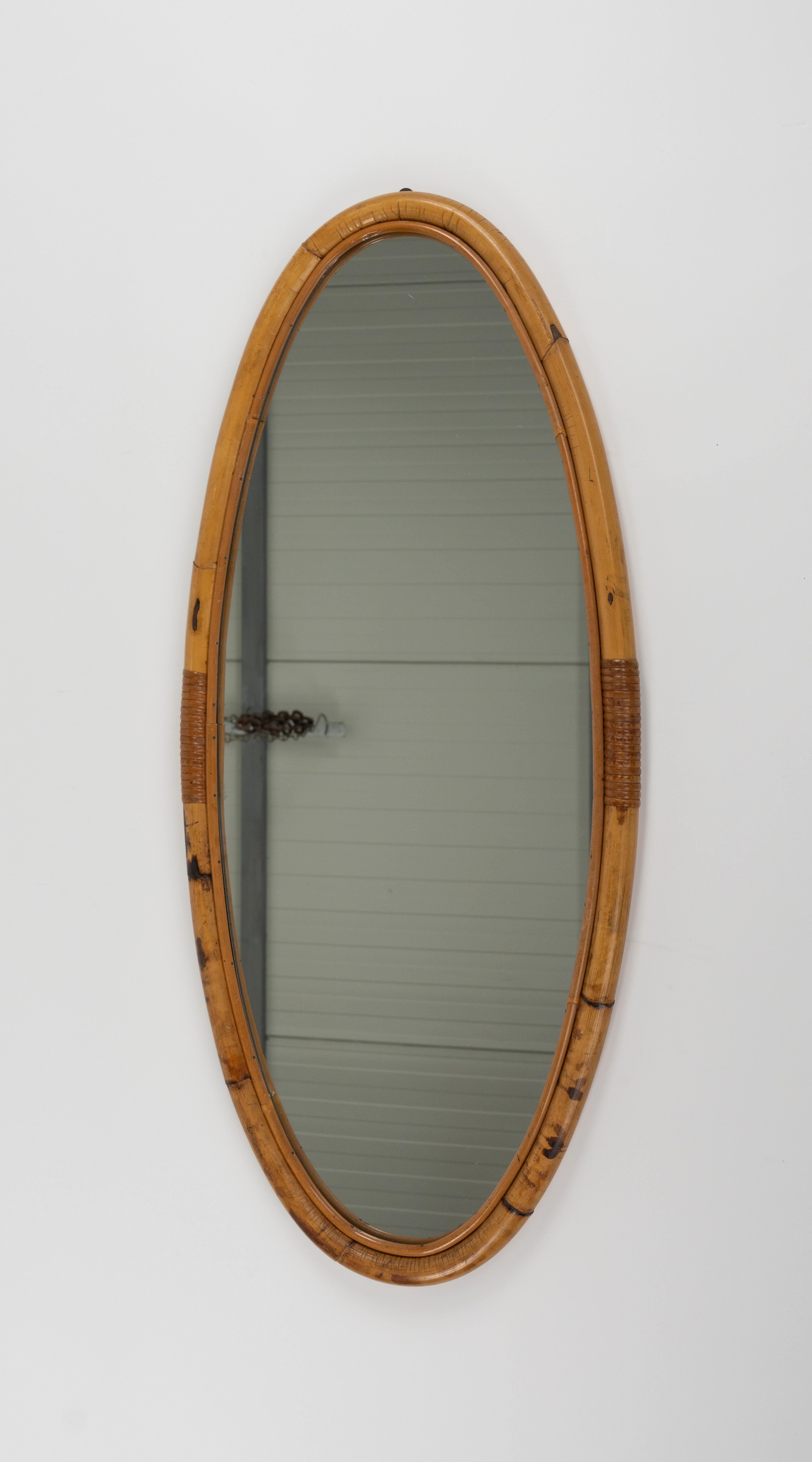 Midcentury Bamboo and Rattan Oval Wall Mirror, Italy 1970s For Sale 4