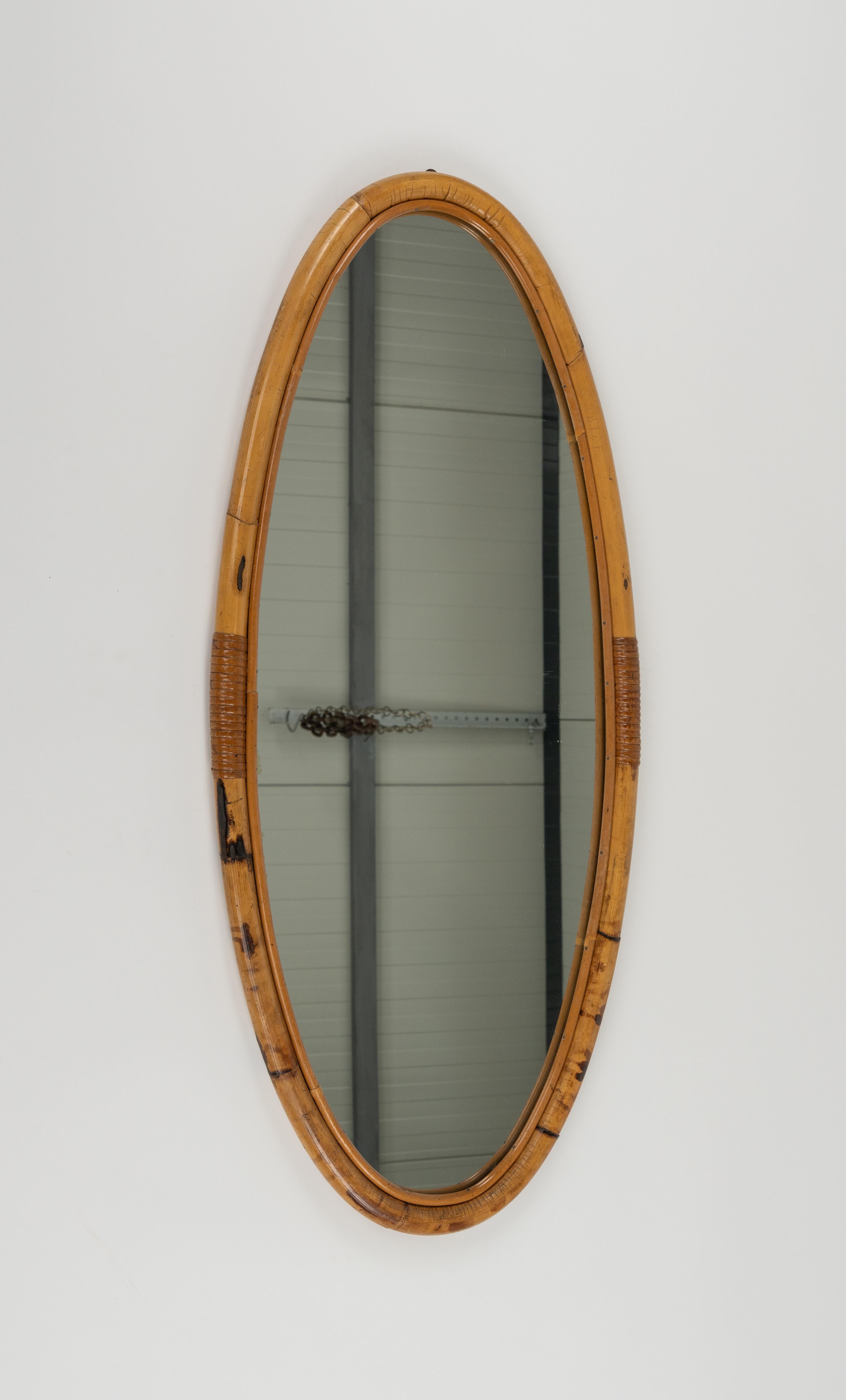 Midcentury Bamboo and Rattan Oval Wall Mirror, Italy 1970s For Sale 5