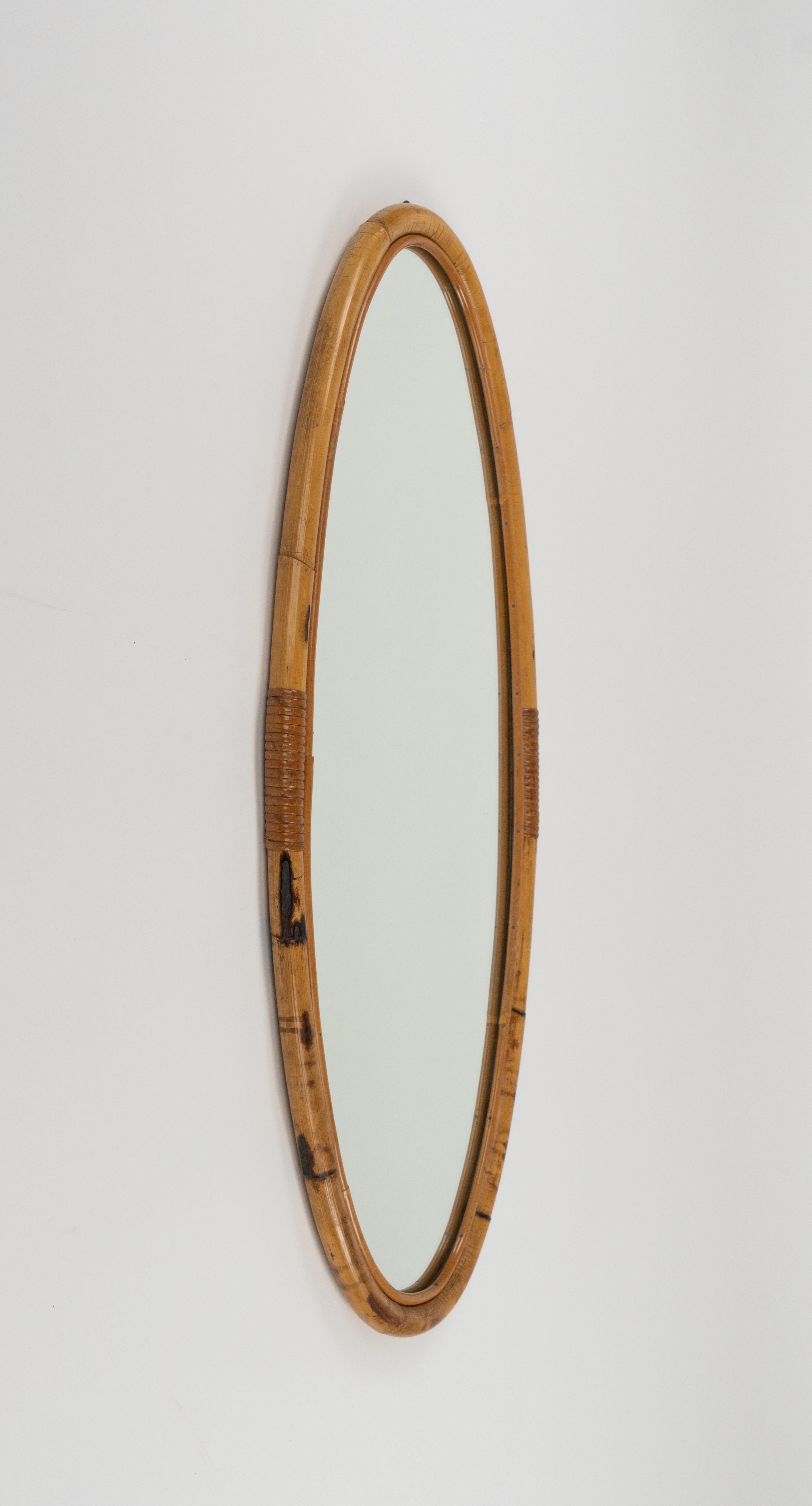 Midcentury Bamboo and Rattan Oval Wall Mirror, Italy 1970s For Sale 6