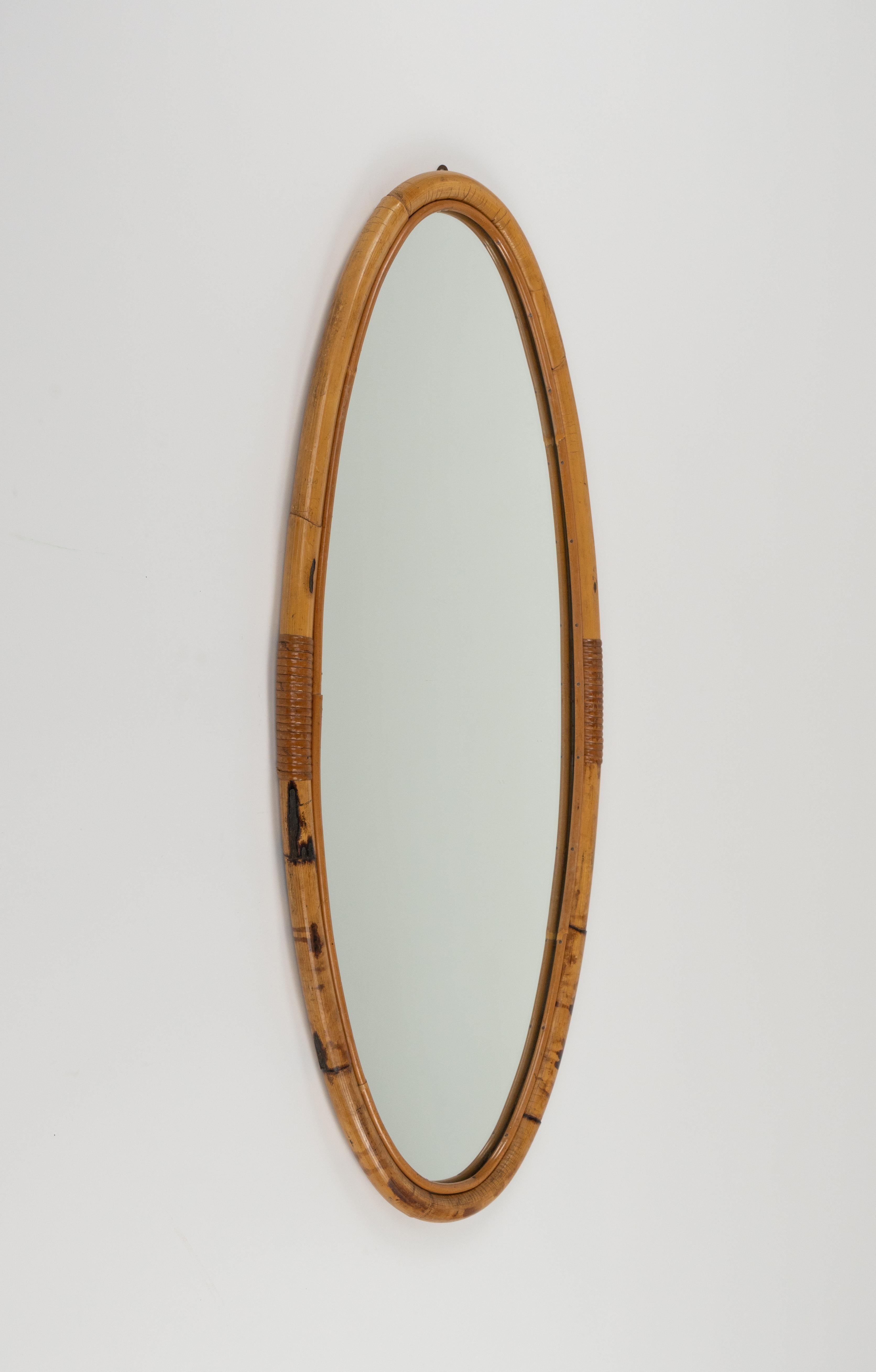 Midcentury Bamboo and Rattan Oval Wall Mirror, Italy 1970s For Sale 7