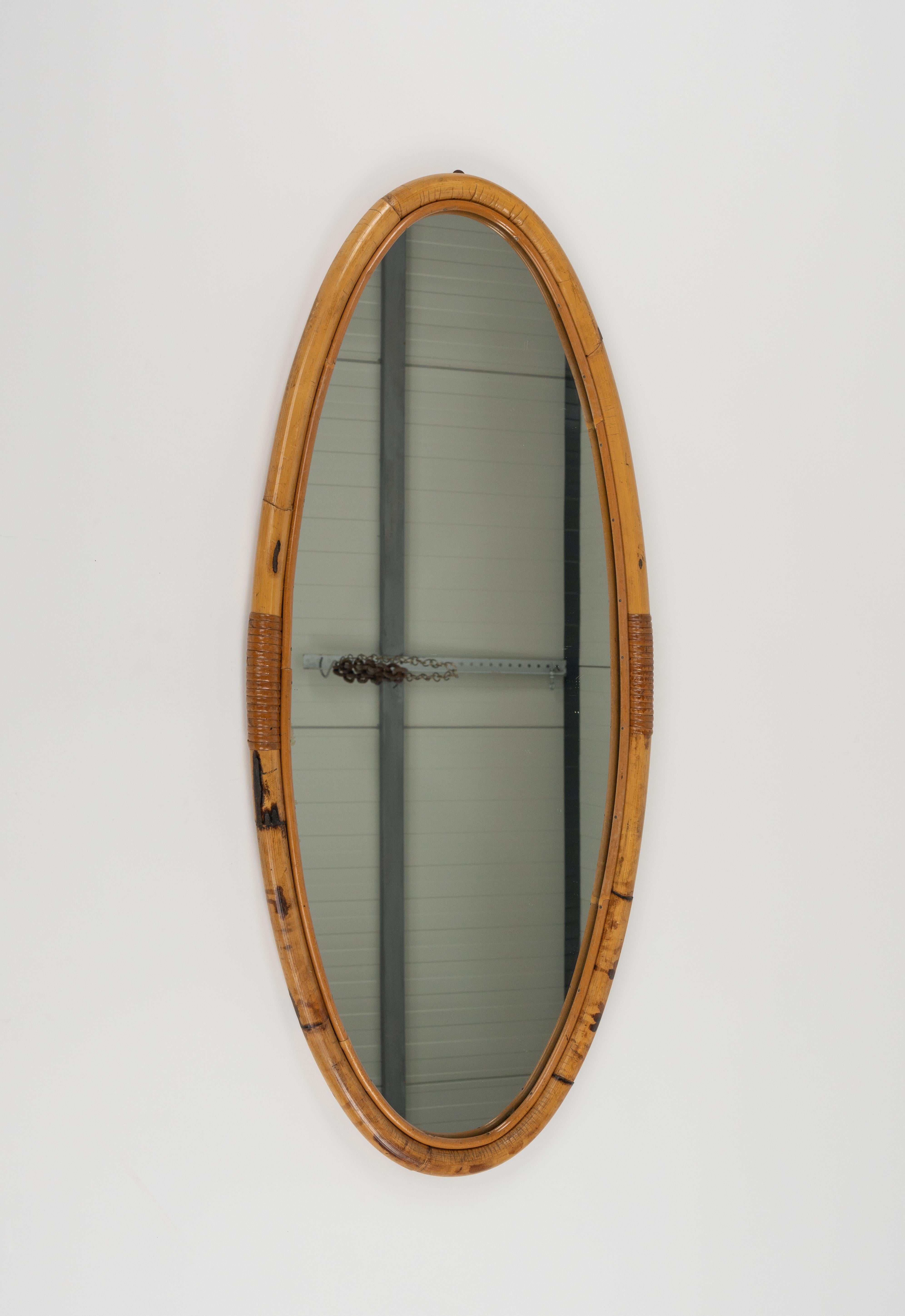 Midcentury Bamboo and Rattan Oval Wall Mirror, Italy 1970s For Sale 8