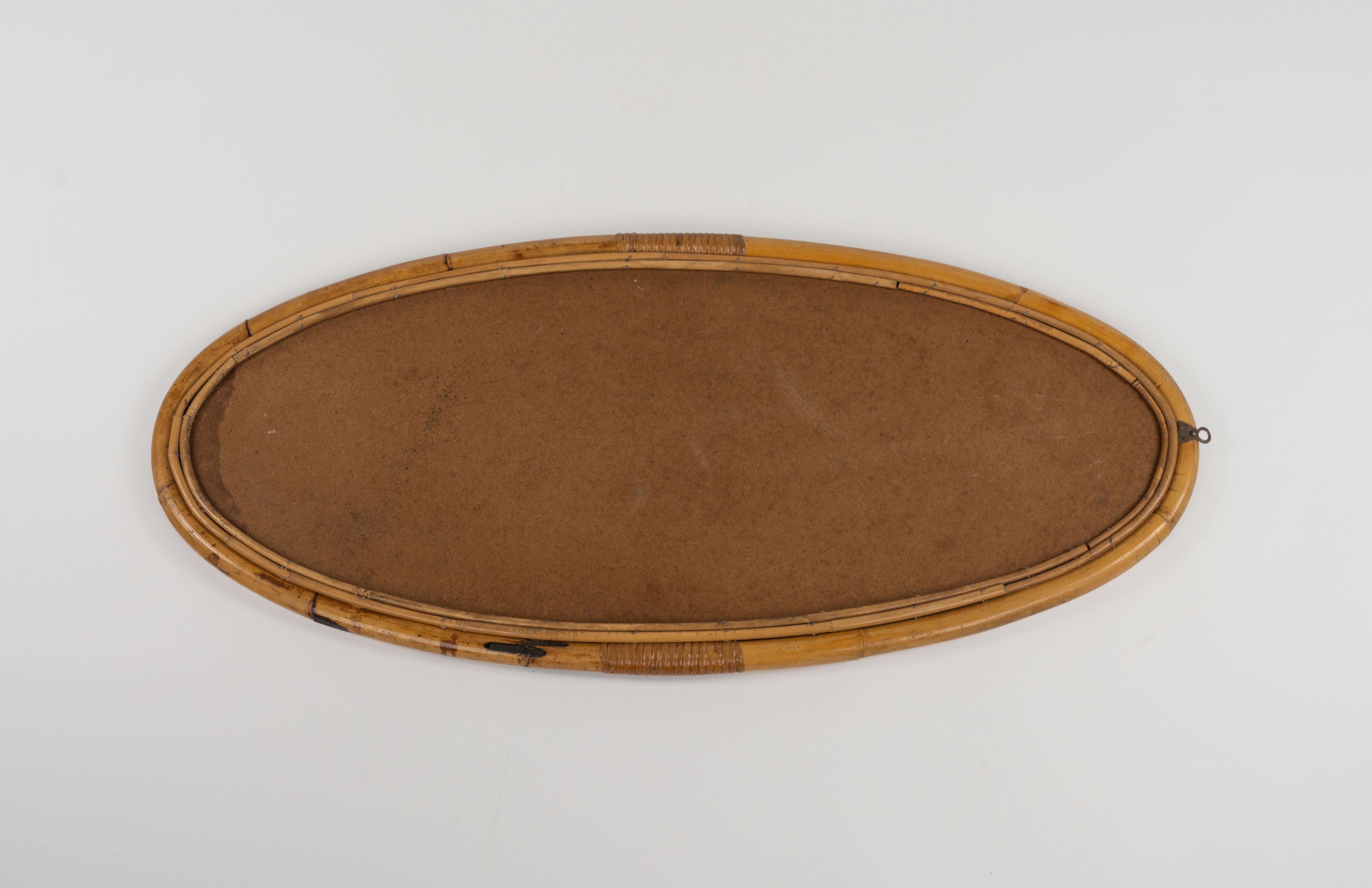 Midcentury Bamboo and Rattan Oval Wall Mirror, Italy 1970s For Sale 10