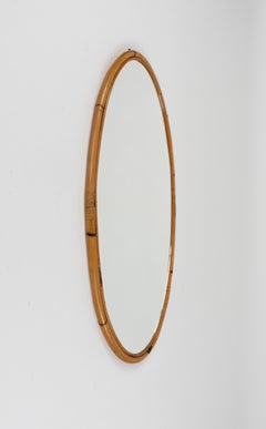 Midcentury Bamboo and Rattan Oval Wall Mirror, Italy 1970s
