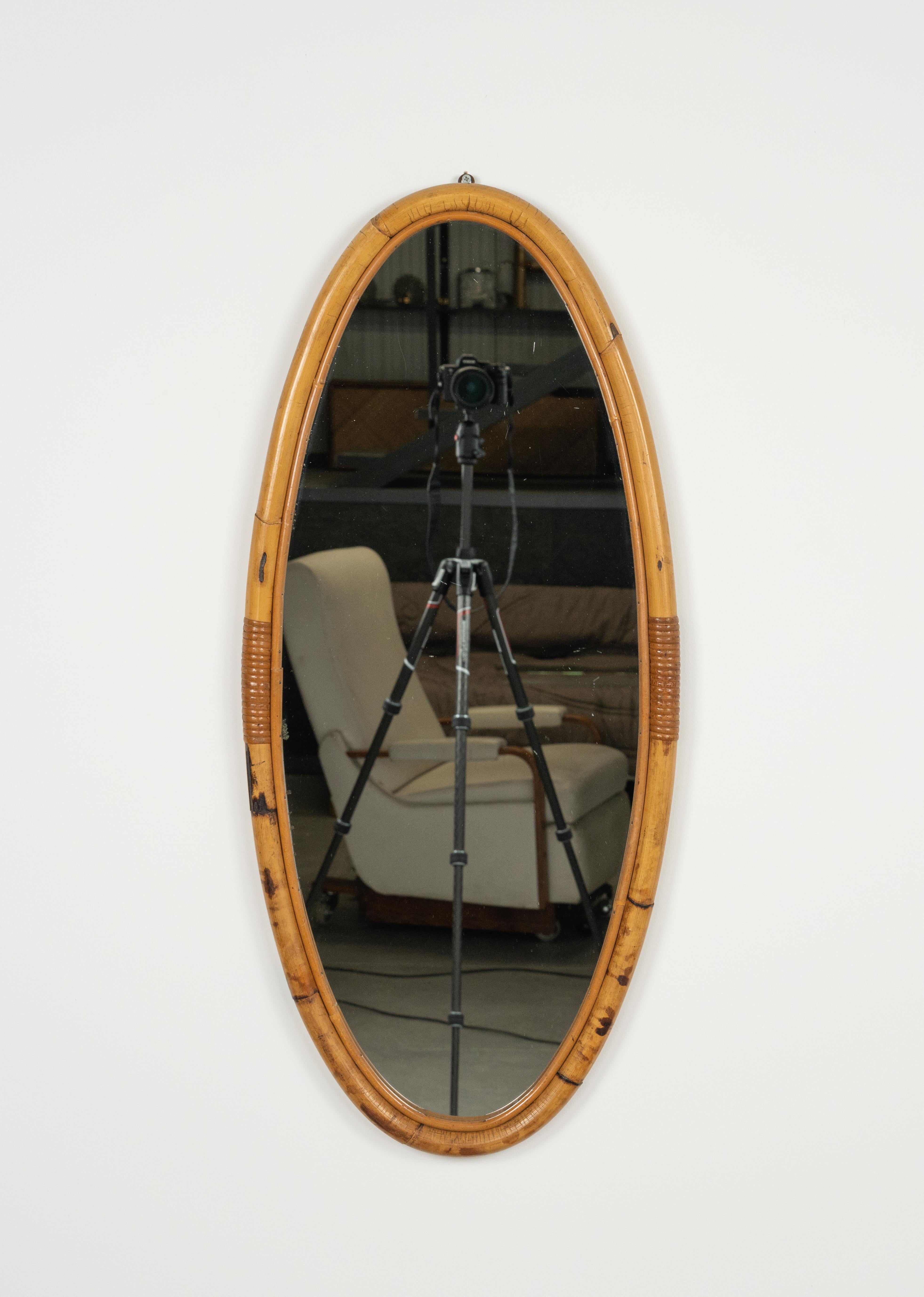 Mid-Century Modern Midcentury Bamboo and Rattan Oval Wall Mirror, Italy 1970s For Sale