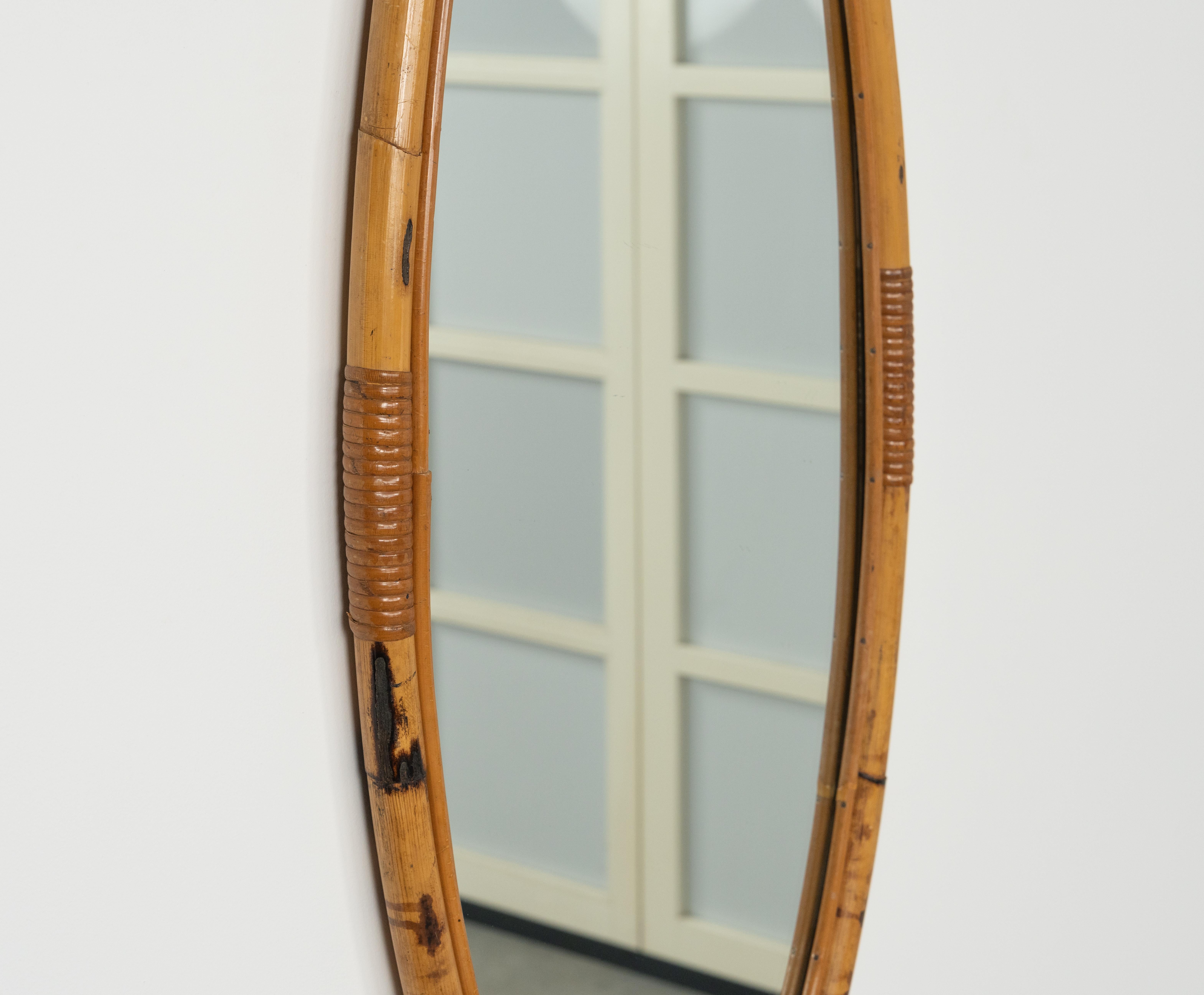 Late 20th Century Midcentury Bamboo and Rattan Oval Wall Mirror, Italy 1970s For Sale