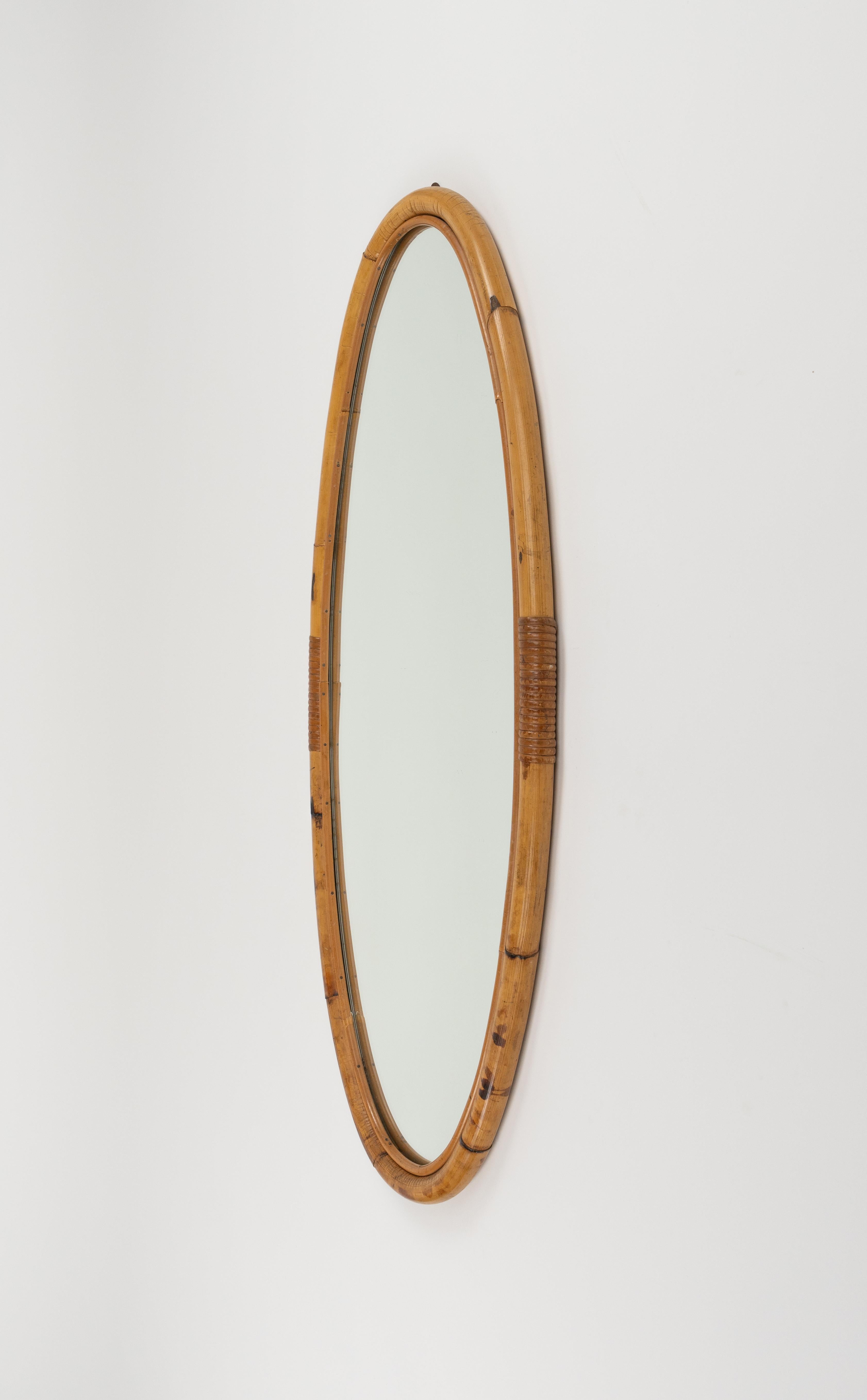 Midcentury Bamboo and Rattan Oval Wall Mirror, Italy 1970s For Sale 1