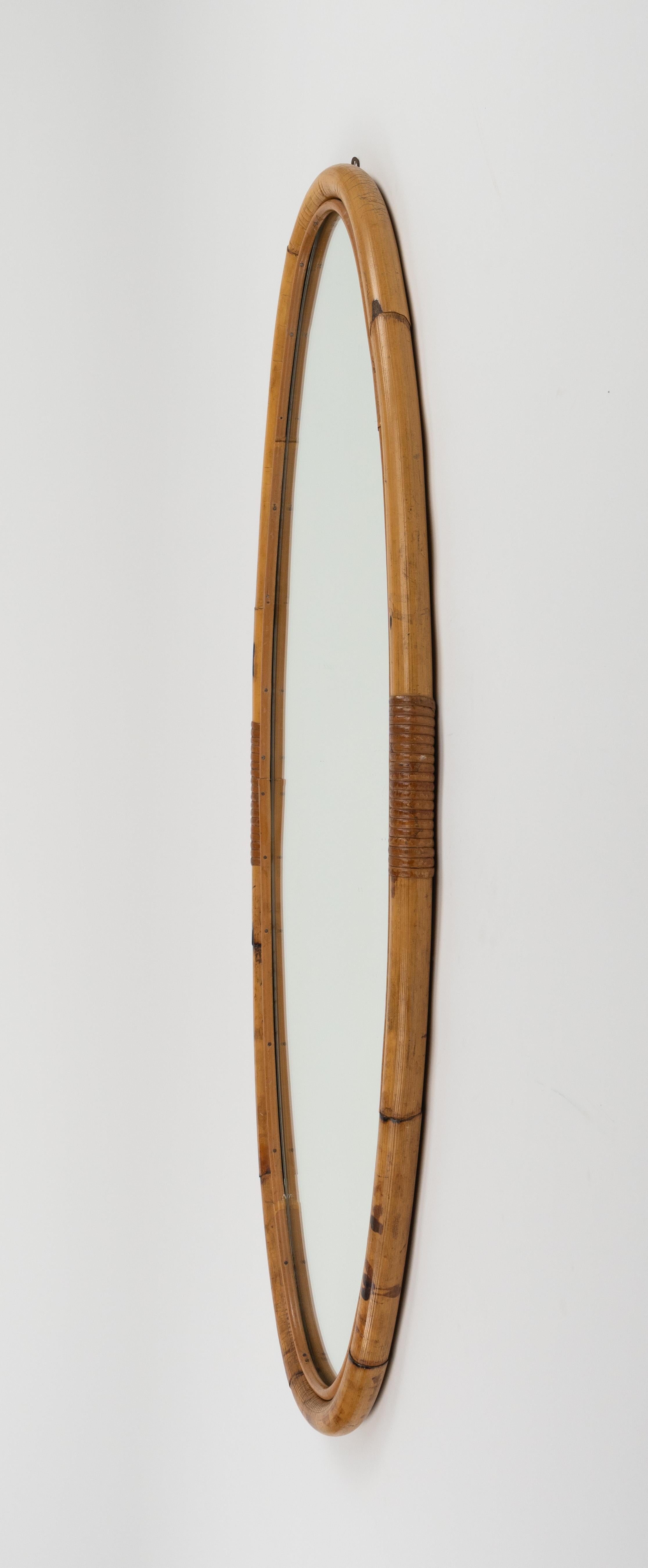 Midcentury Bamboo and Rattan Oval Wall Mirror, Italy 1970s For Sale 2