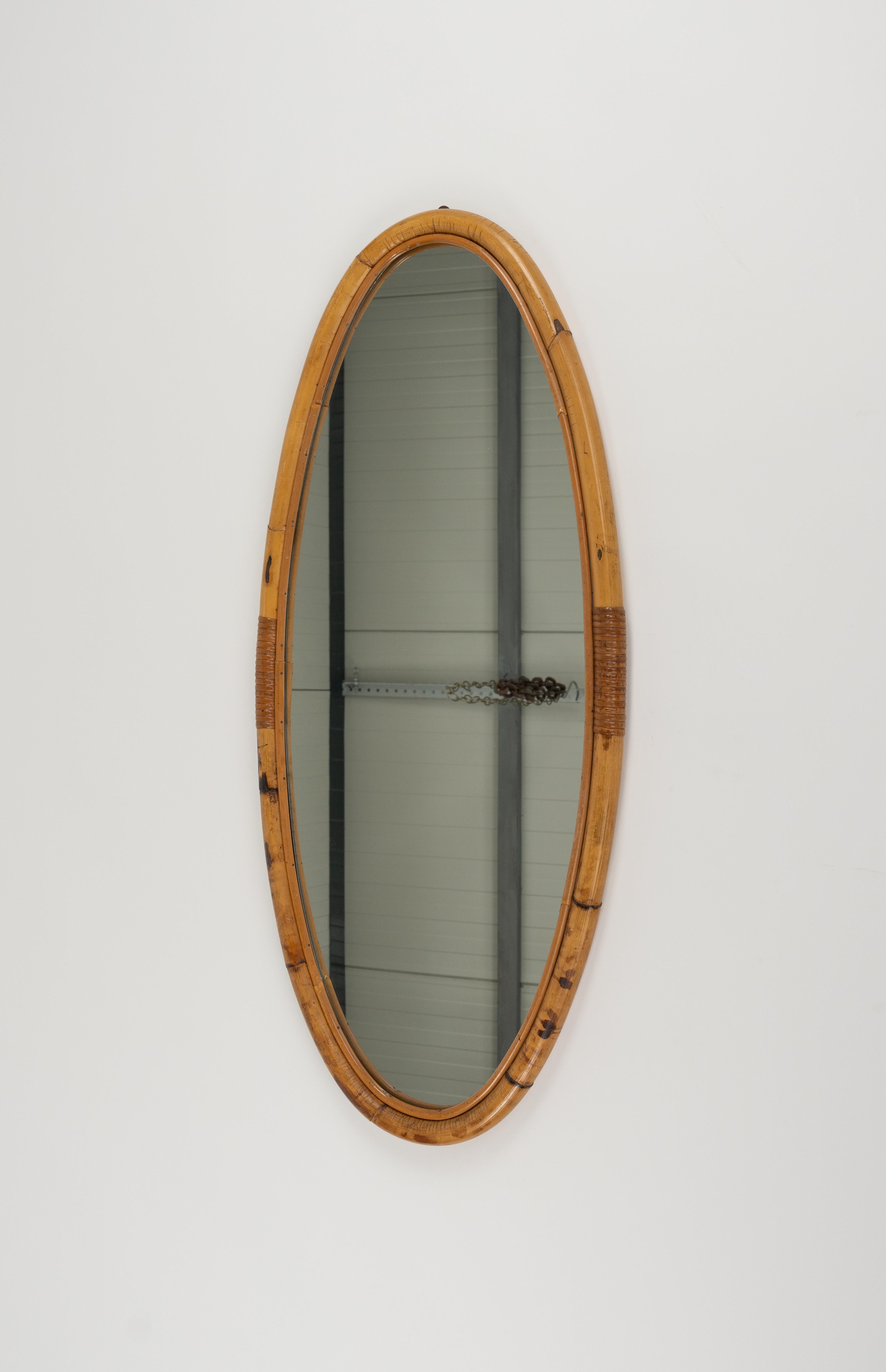 Midcentury Bamboo and Rattan Oval Wall Mirror, Italy 1970s For Sale 3