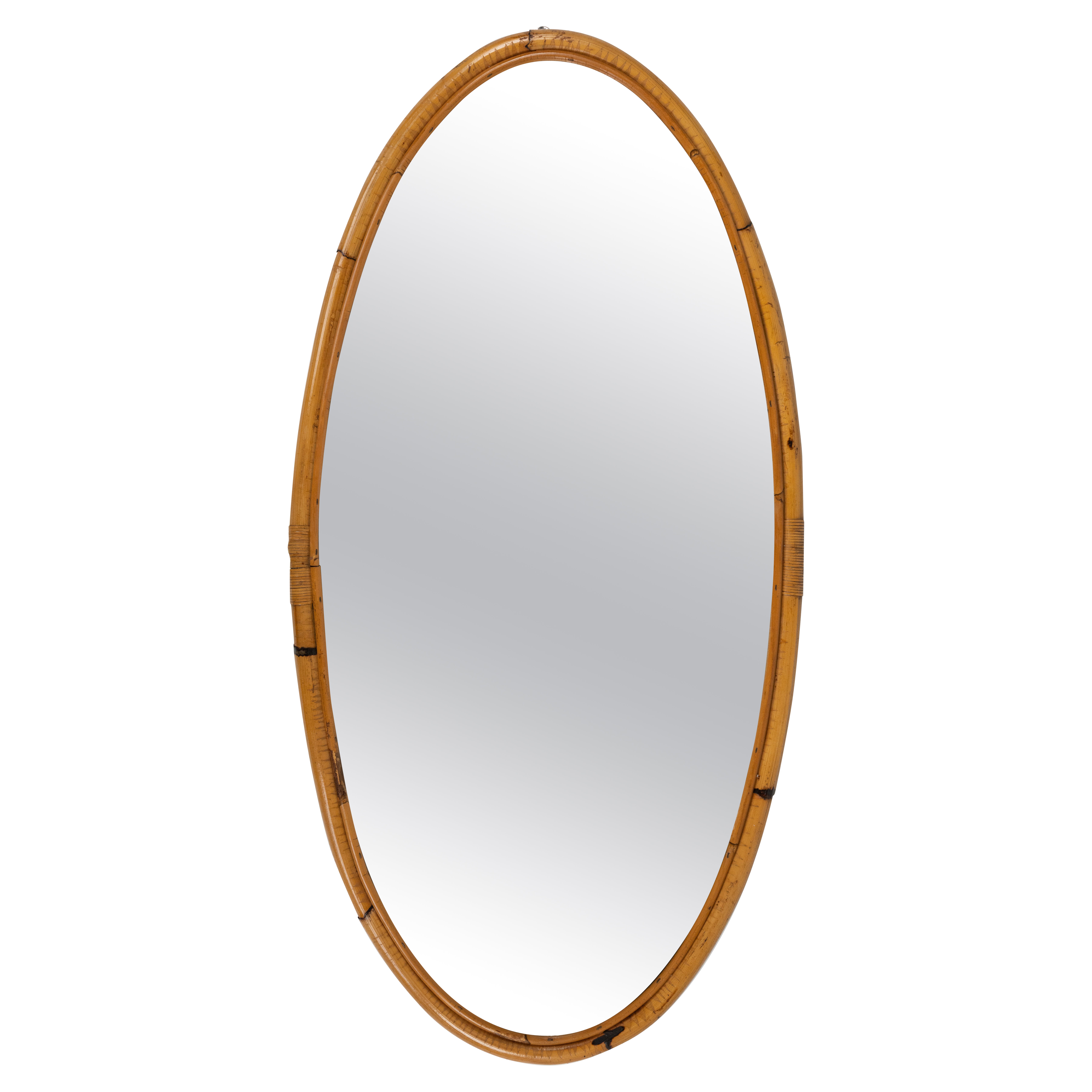 Midcentury Bamboo and Rattan Oval Wall Mirror, Italy 1970s